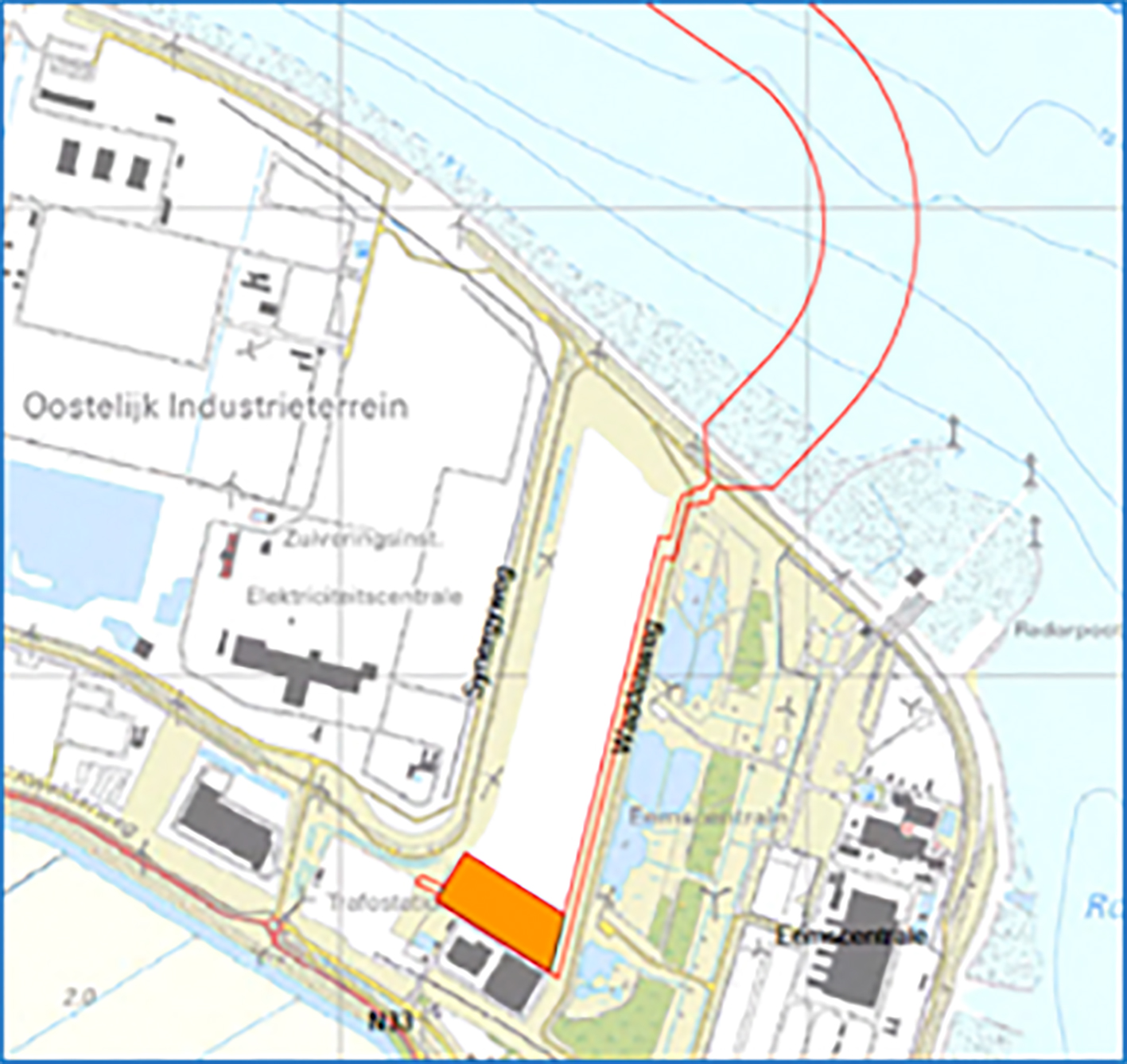 De geplande locatie voor het convertorstation (oranje vlak) in de Eemshaven.