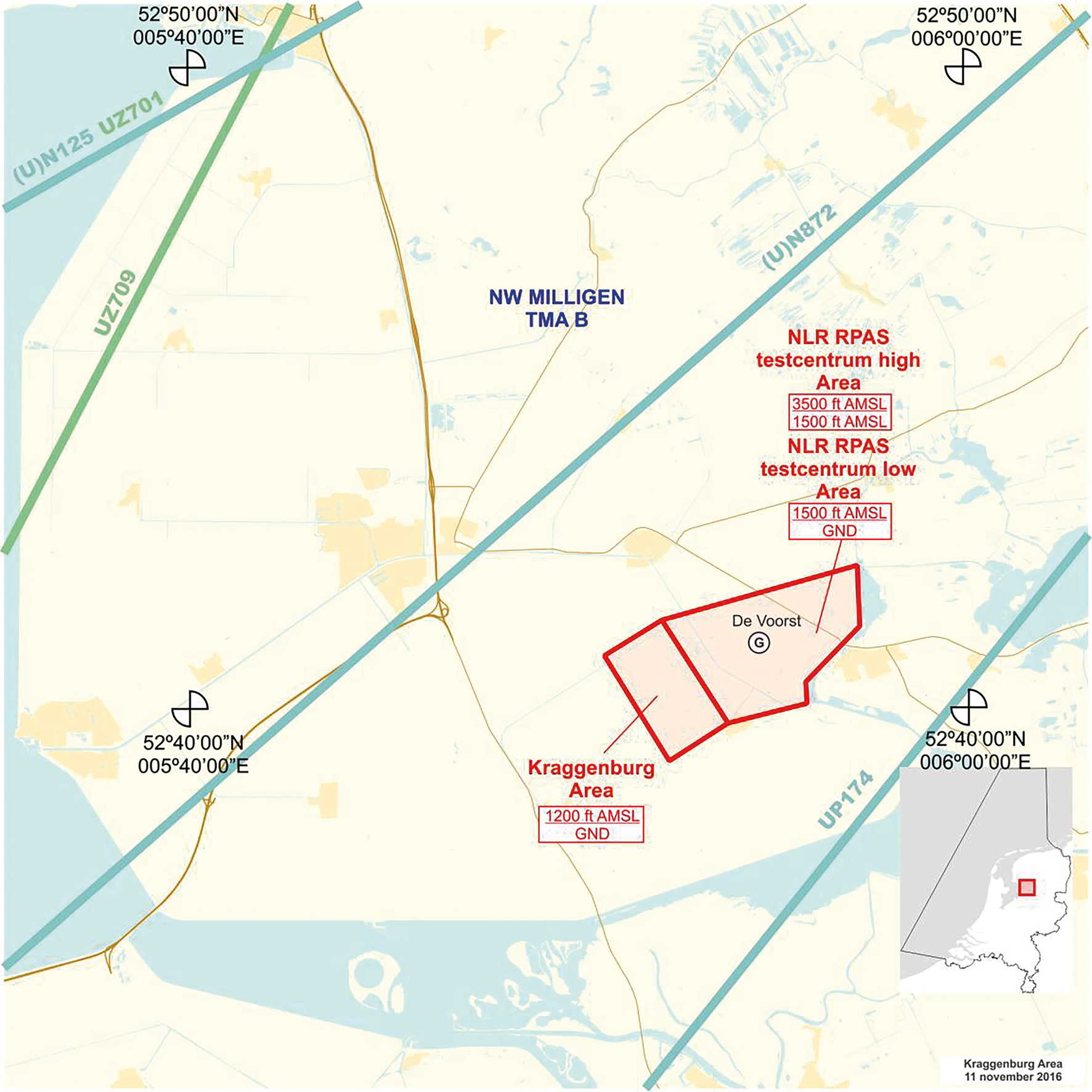Figuur: Tijdelijke gebieden met beperkingen Kraggenburg en NLR RPAS TC low en high