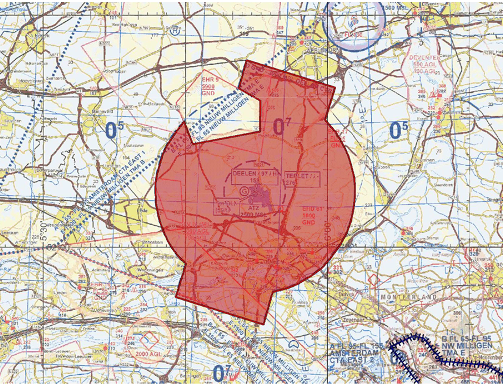 Figuur 1: Oefengebied (tijdelijk laagvlieggebied) CTR Deelen