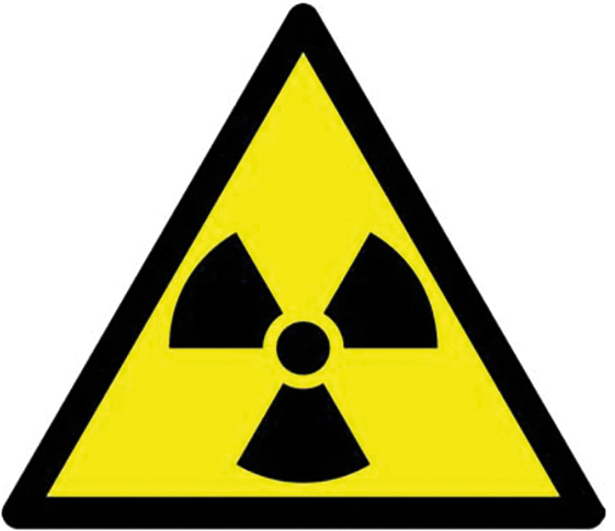 Figuur 1: Model van het waarschuwingsteken waaraan voor verlichtingsdoeleinden radionucliden zijn toegevoegd.