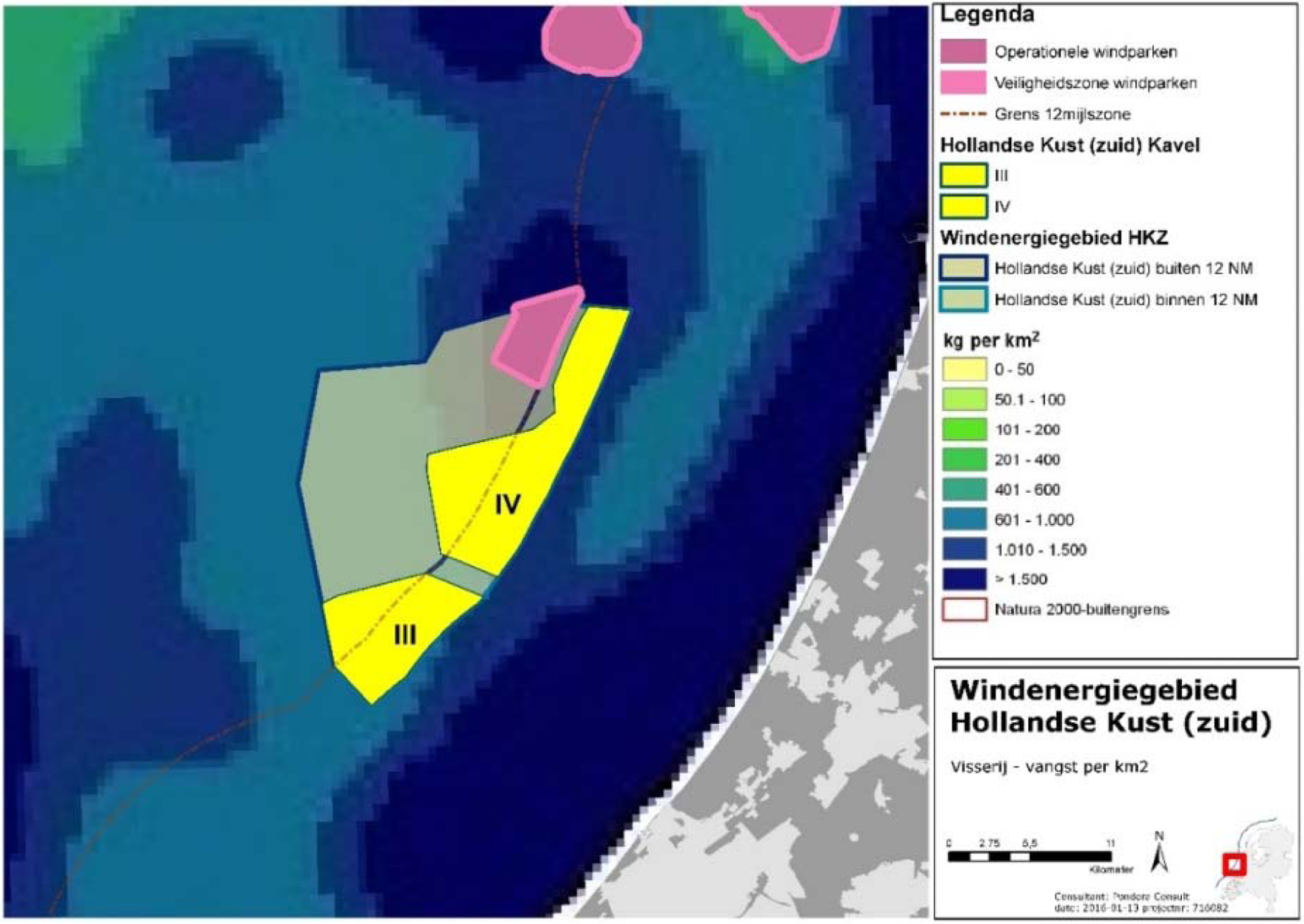 Figuur 7 Visserij vangst per km2 in de omgeving van windenergiegebied Hollandse Kust (zuid)