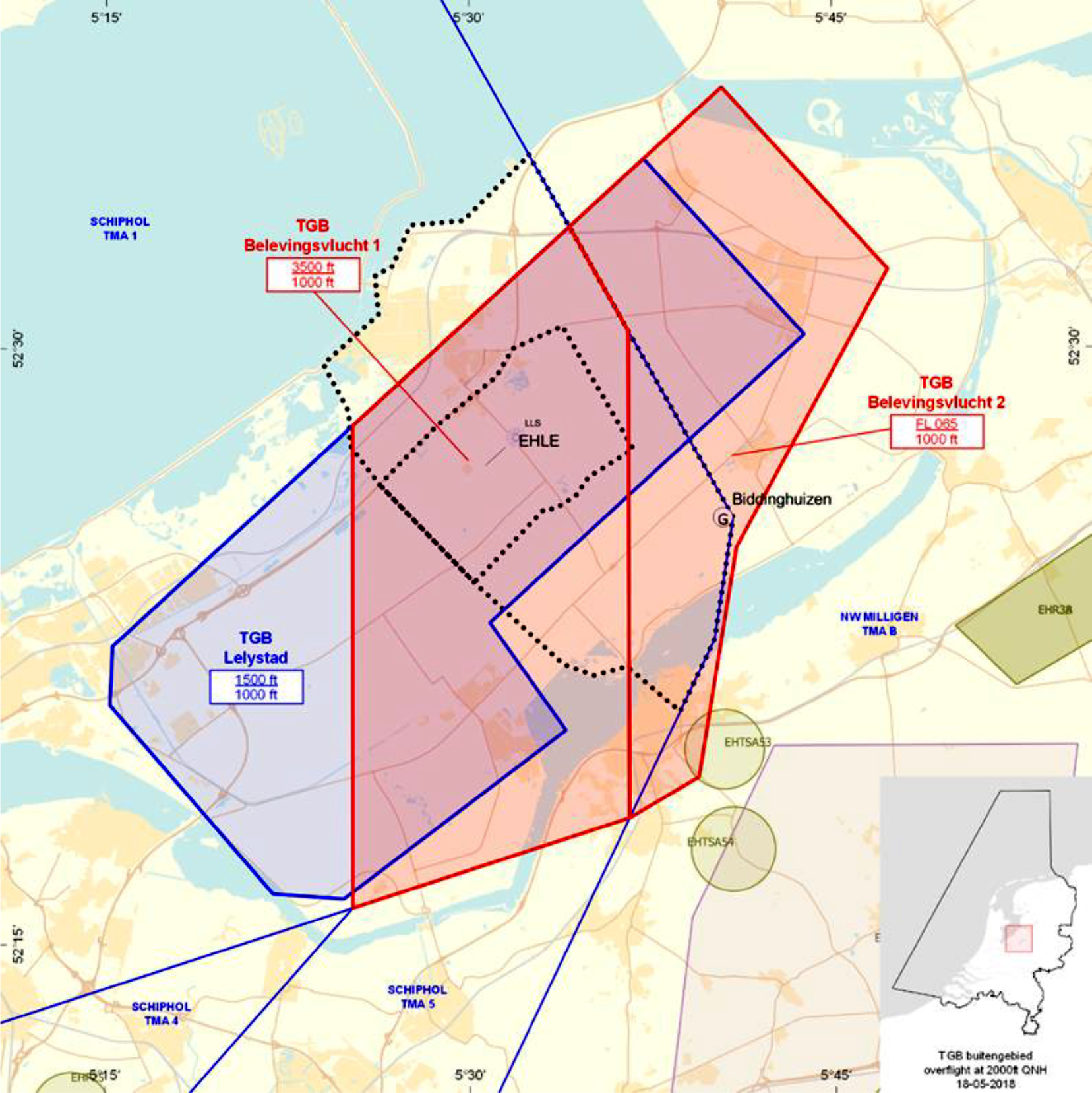 Figuur 1 afbreekTijdelijke gebieden met beperkingen Lelystad, Belevingsvlucht 1 en 2