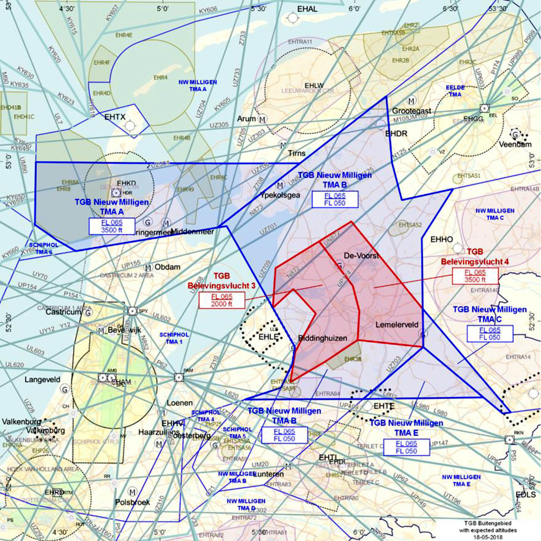Figuur 2 afbreekTijdelijke gebieden met beperkingen TMA A, TMA B, TMA C, TMA E, Belevingsvlucht 3 en 4