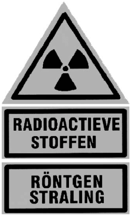 Figuur 2: Het waarschuwingsbord/gevarenpictogram met als voorbeeld het bord met de tekst ‘RADIOACTIEVE STOFFEN’ en ‘RÖNTGENSTRALING’