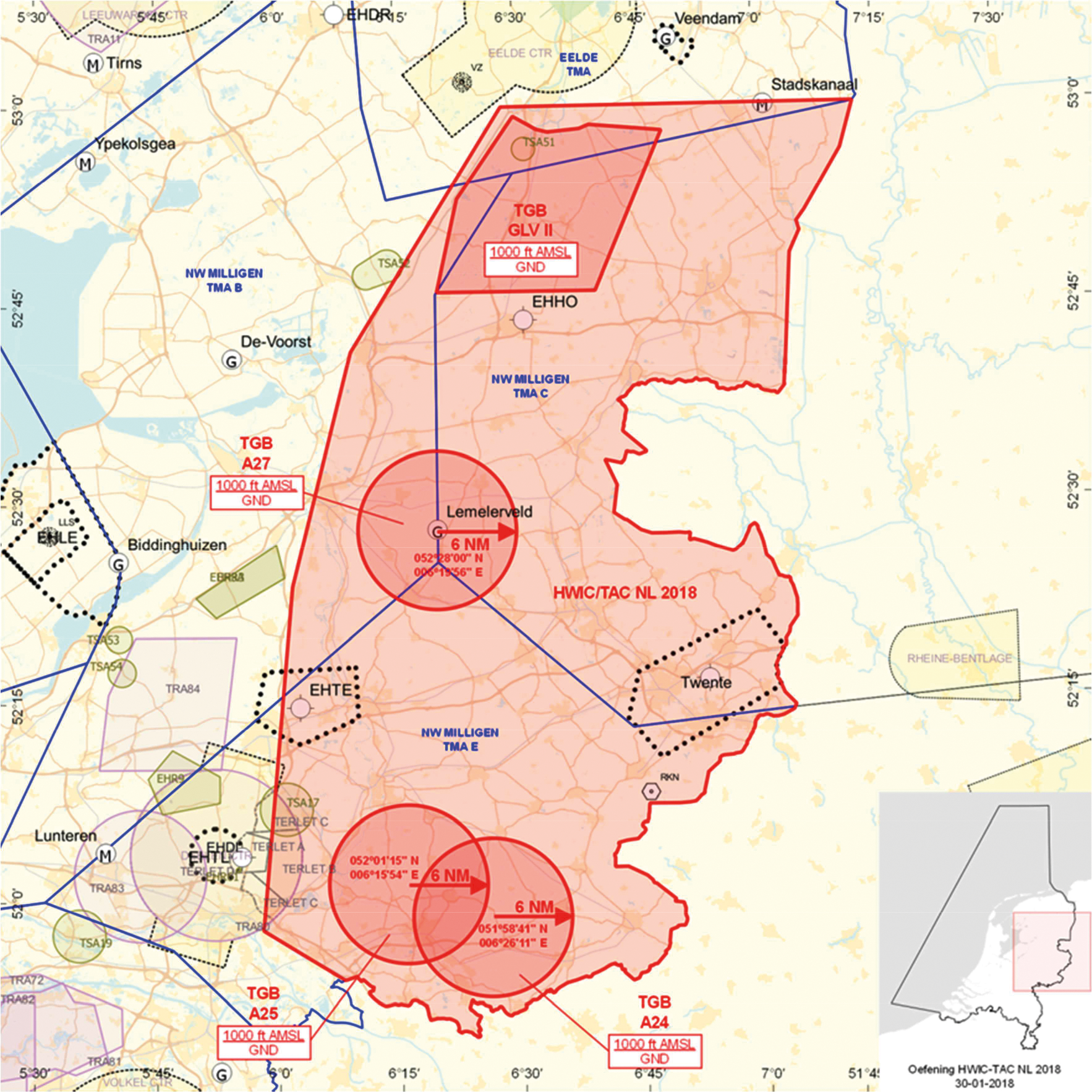 Oefengebied (tijdelijk laagvlieggebied) Oost-Nederland en TGB’s GLV II, A24, A25 en A27