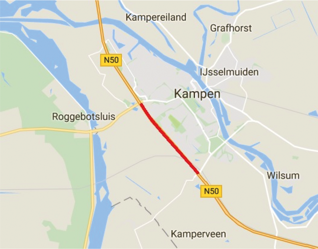 Figuur 1: Overzichtskaart van het traject N50 Kampen – Kampen Zuid.