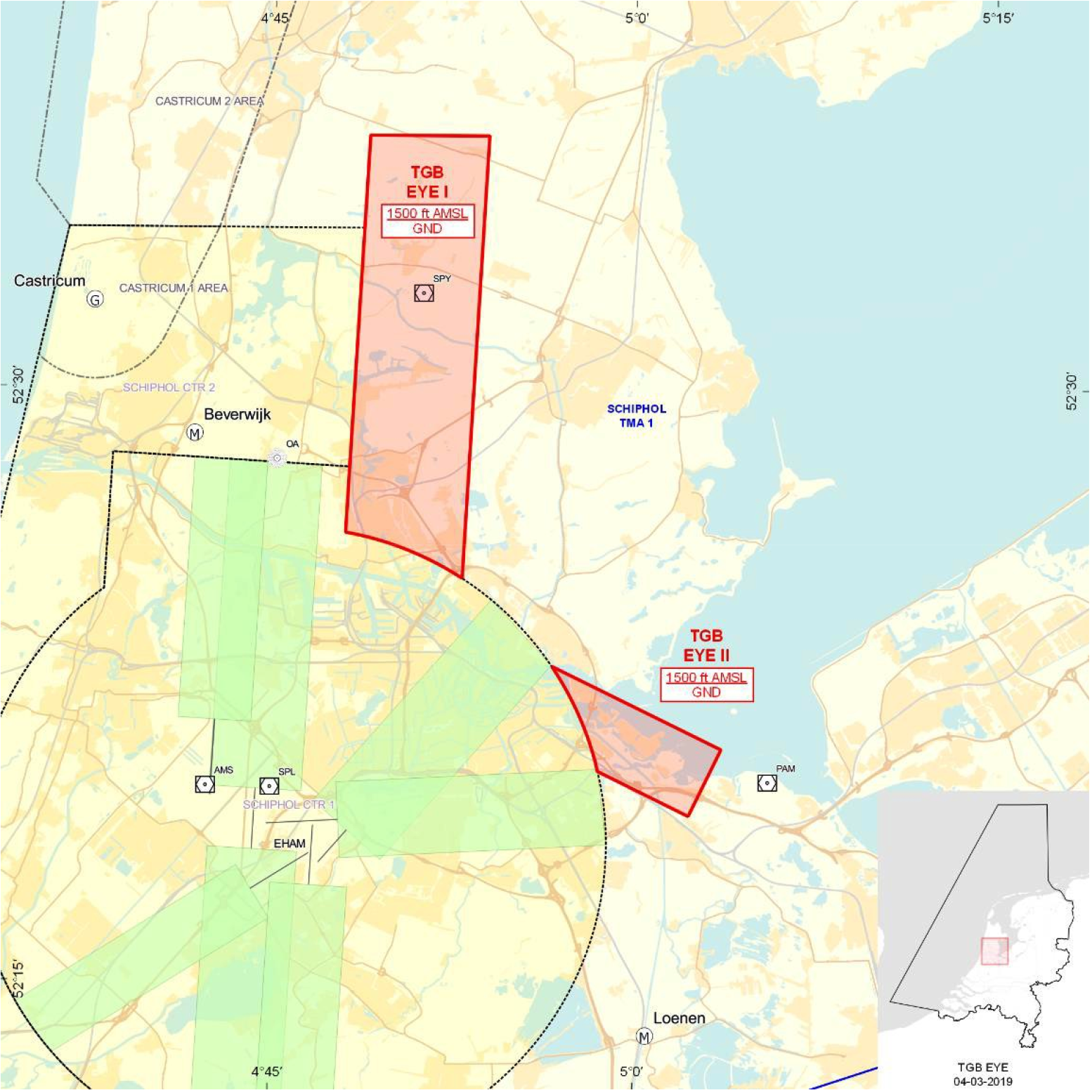 Figuur: Tijdelijke gebieden met beperkingen EYE I en EYE II.