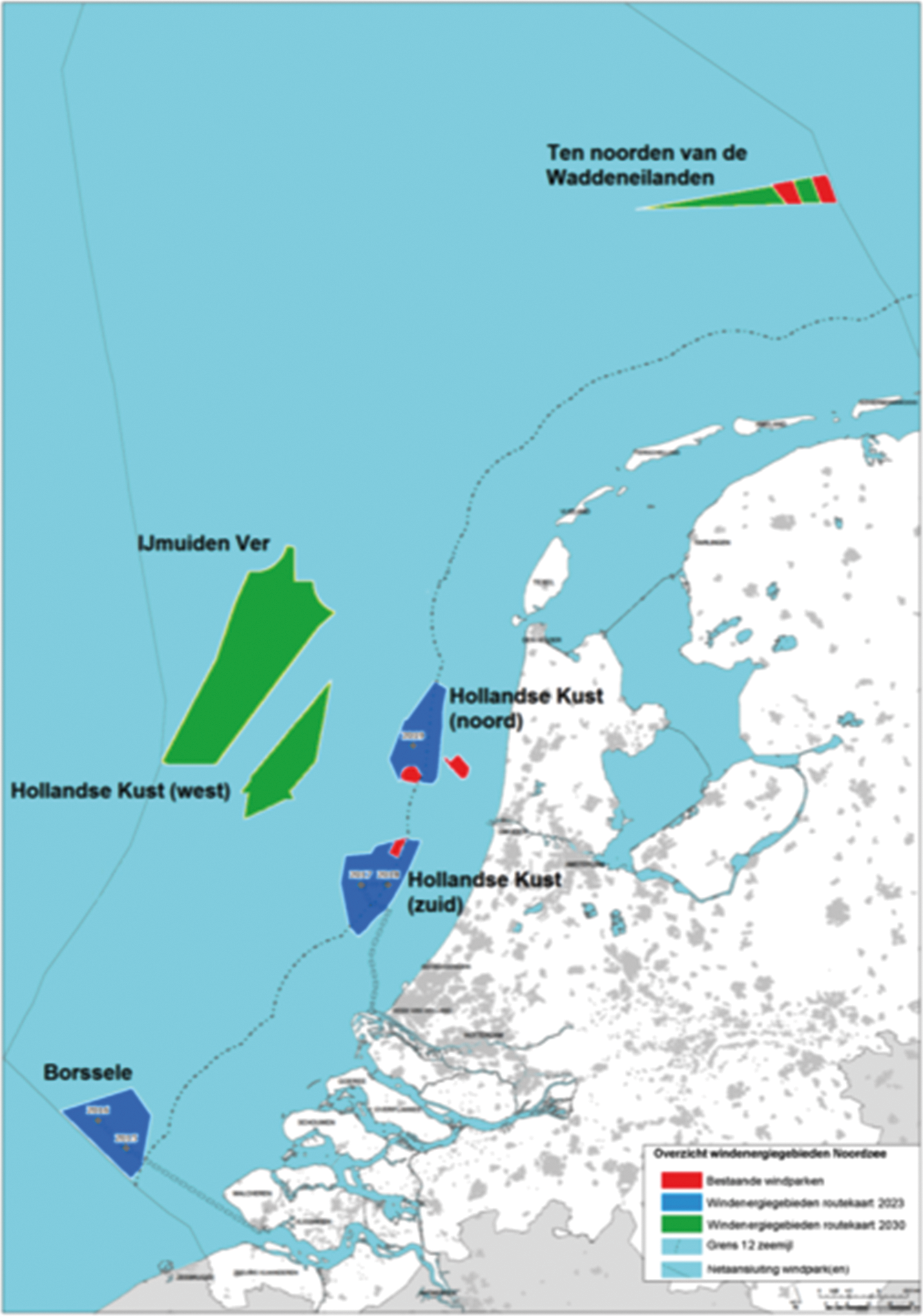 Figuur 1 Overzicht windenergiegebieden op het Nederlandse deel van de Noordzee tot 2030