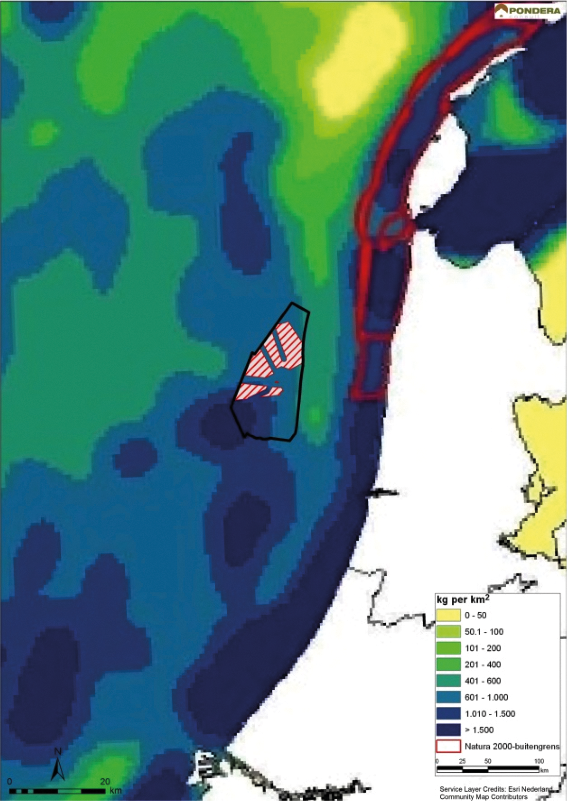 Figuur 9 Visserij vangst per km² in de omgeving van windenergiegebied Hollandse Kust (noord)