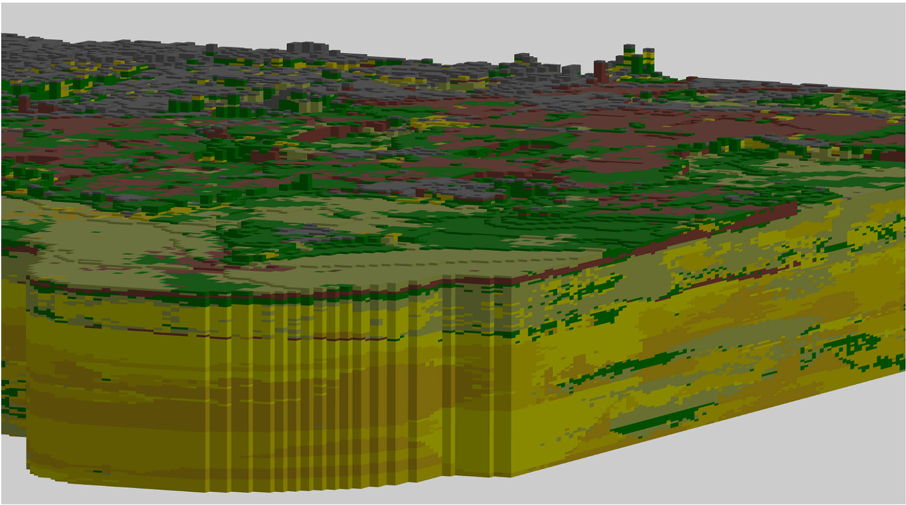 Figuur 3.4: 3D weergave van een voxelmodel waarbij de kleuren van de voxels de lithoklasse weergeven. De lithoklasse indeling in de voxels is het resultaat van een ruimtelijke interpolatie van de lithoklassen in de geïnterpreteerde boormonsterbeschrijvingen binnen de verschillende geologische eenheden.