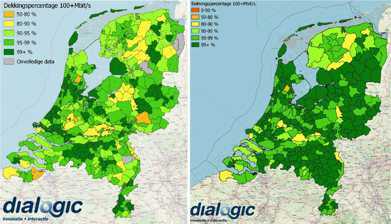 Figuur 1: percentage woonadressen binnen een gemeente dat kan beschikken over een vaste internetverbinding van ten minste 100 Mbps, 2019 (l) en 2020 (r)