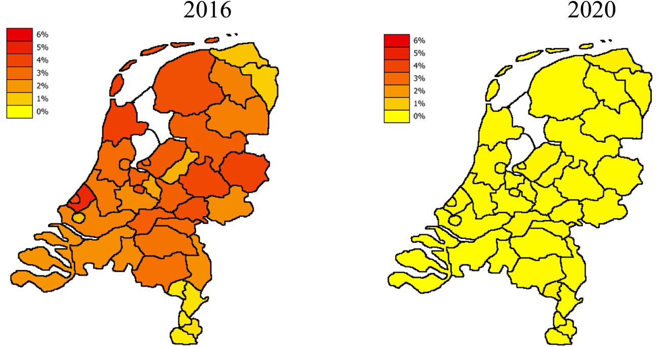 Figuur 6A en 6B: vacaturegraad naar regio, vo leraren plus directeuren in 2016 en 2020, vlg. een optimistisch scenario.