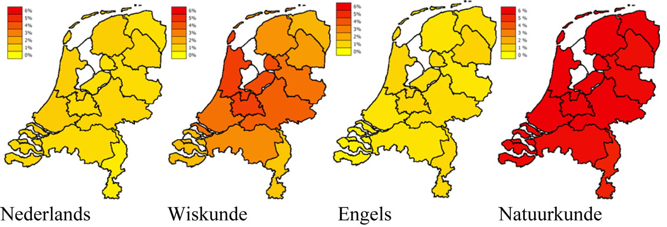 Figuur 12 Onvervulde vraag als percentage van de werkgelegenheid naar provincie in 2016 op het niveau van individuele vakken.