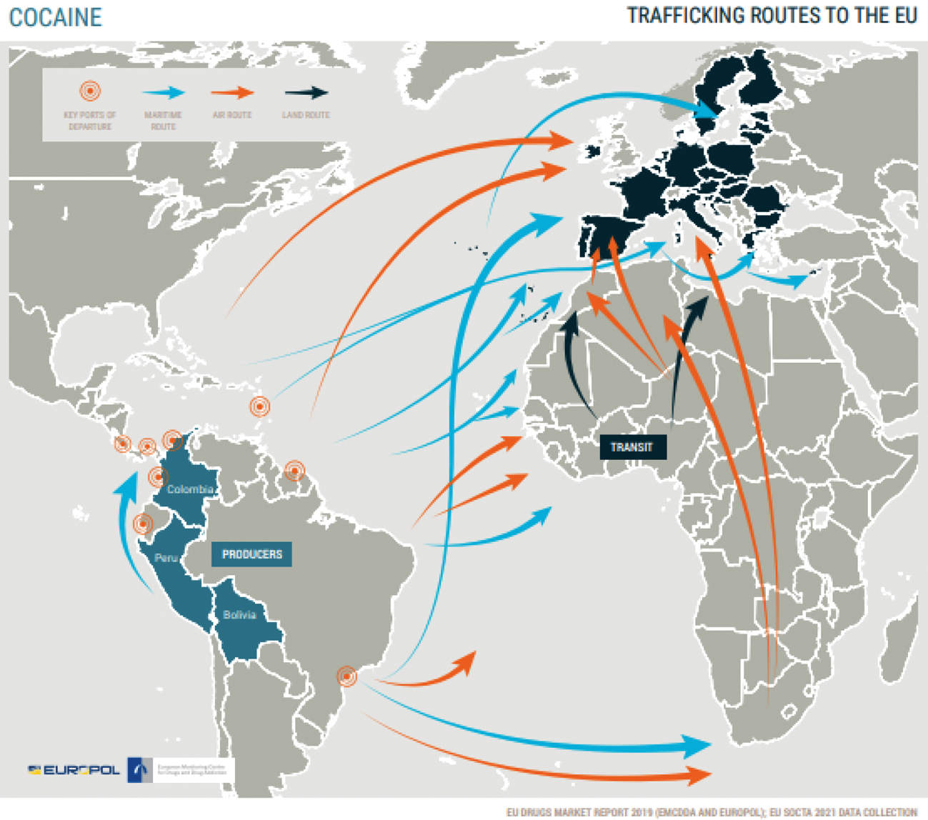 Figuur 1 Cocaïne-stromen naar Europa uit het EU Serious and Organised Crime Threat Assessment socta2021_1.pdf (bron: Europa.eu)