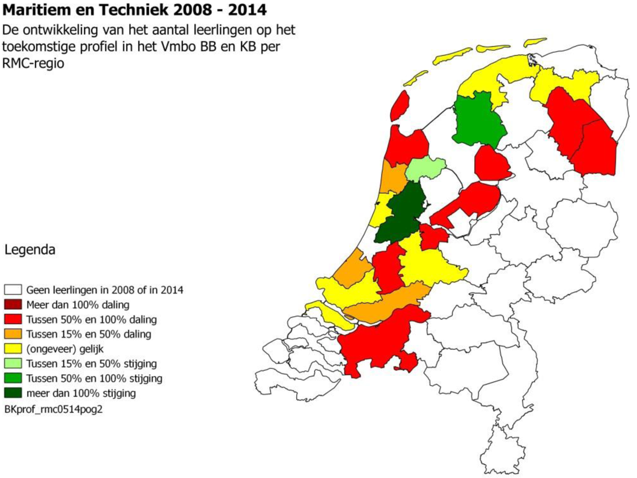 Kaart 6: leerlingendaling profiel Maritiem en techniek 2008–2014