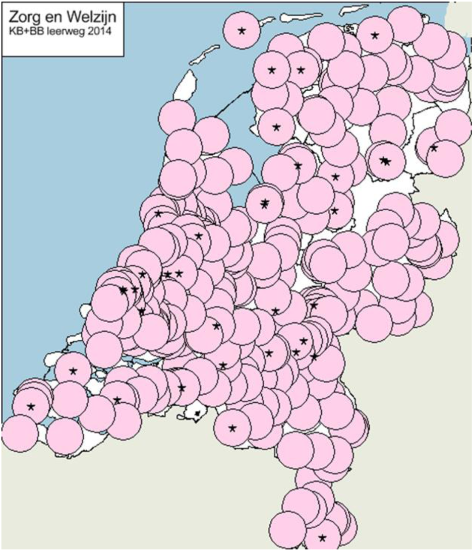 Kaart 15: spreiding profiel Zorg en welzijn 2014