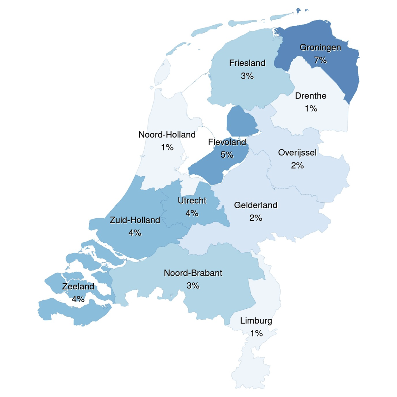 Kaart 2: Stijging rijkswerkgelegenheid per 1 januari 2021 ten opzichte van 1 januari 2020 naar provincie in percentage.