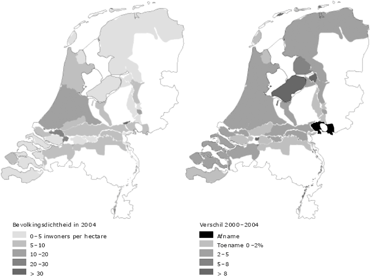 Figuur 1. Bevolkingsdichtheid per dijkring is een 							 indicatie voor het aantal potentiële slachtoffers bij 							 overstroming