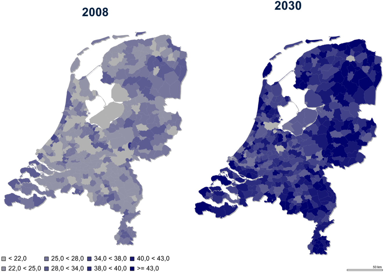 Figuur 2.2: Ruimtelijke verschillen in vergrijzing – Percentage huishoudens 65 jaar en ouder in 2008 en 2030