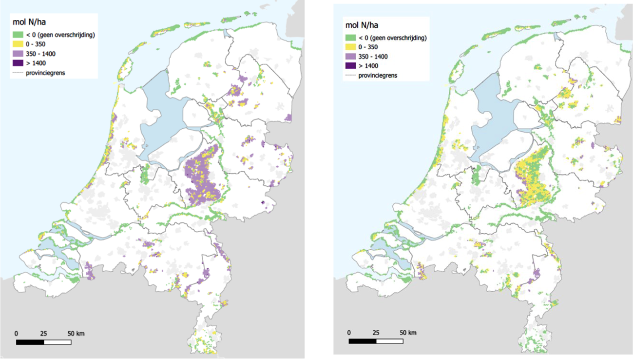 Figuur 5 en 6: In 2022 zal op basis van de berekeningen en huidige inzichten 29% van de hectares met stikstofgevoelige natuur in N2000-gebieden onder de kritische depositiewaarde liggen. In 2030 betreft dit ruim 50%. Weergave op deze kaart per 64 ha (bron: RIVM)