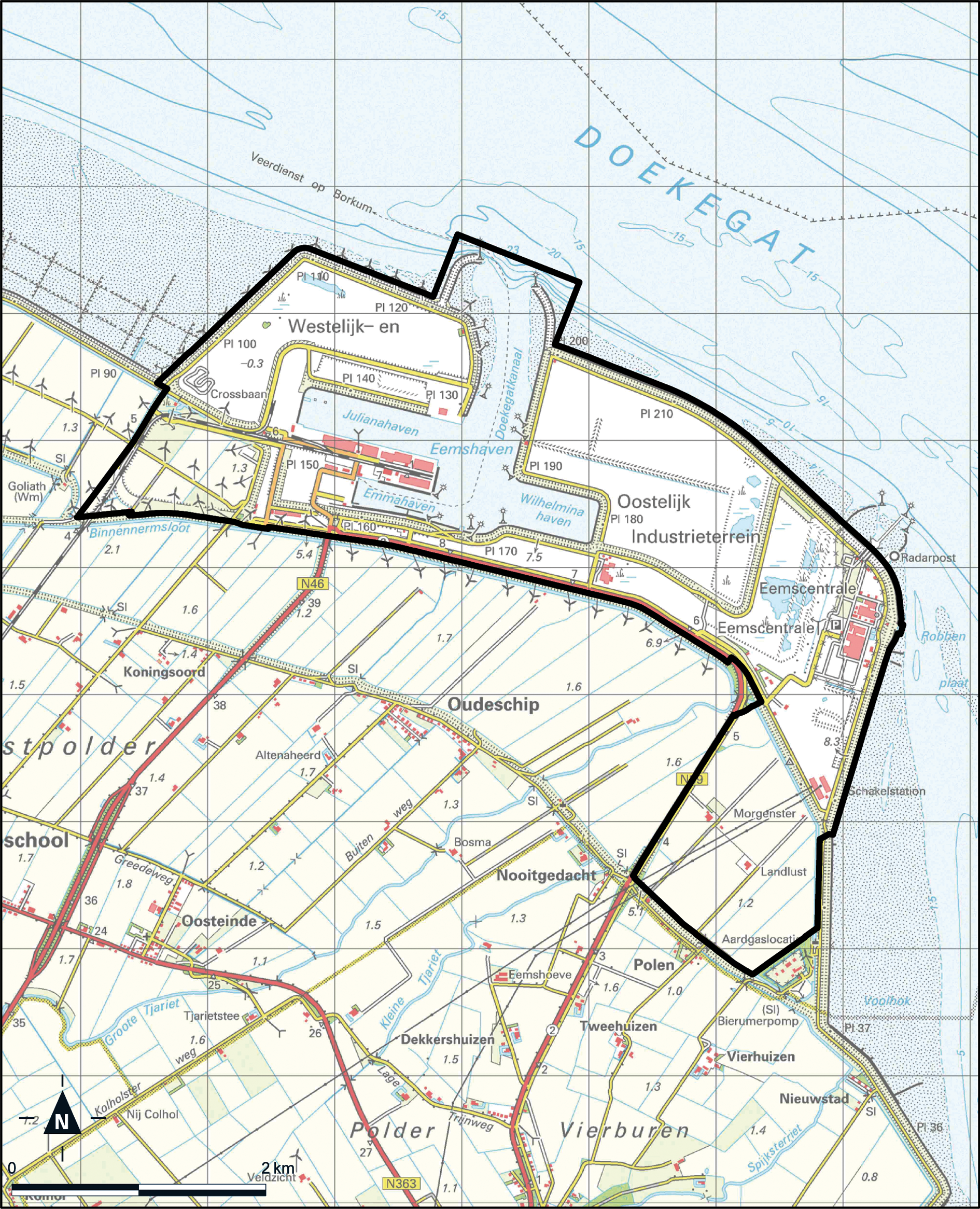 Kaart Delfzijl, Zeehaven- en industriegebieden Oosterhorn en Eemshaven