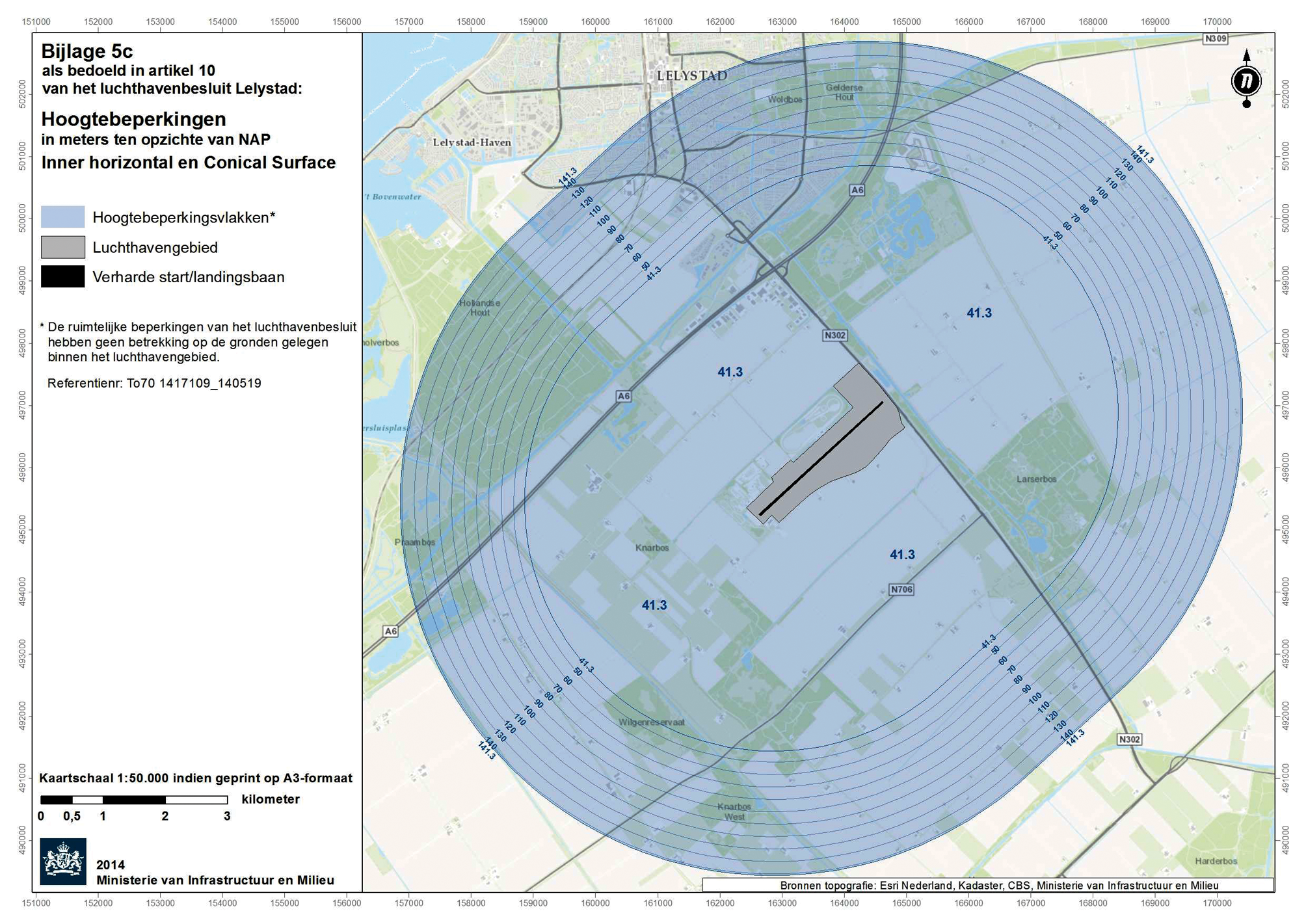 Kaart (1:50.000) met hoogtebeperkingen: Inner horizontal en Conical Surface