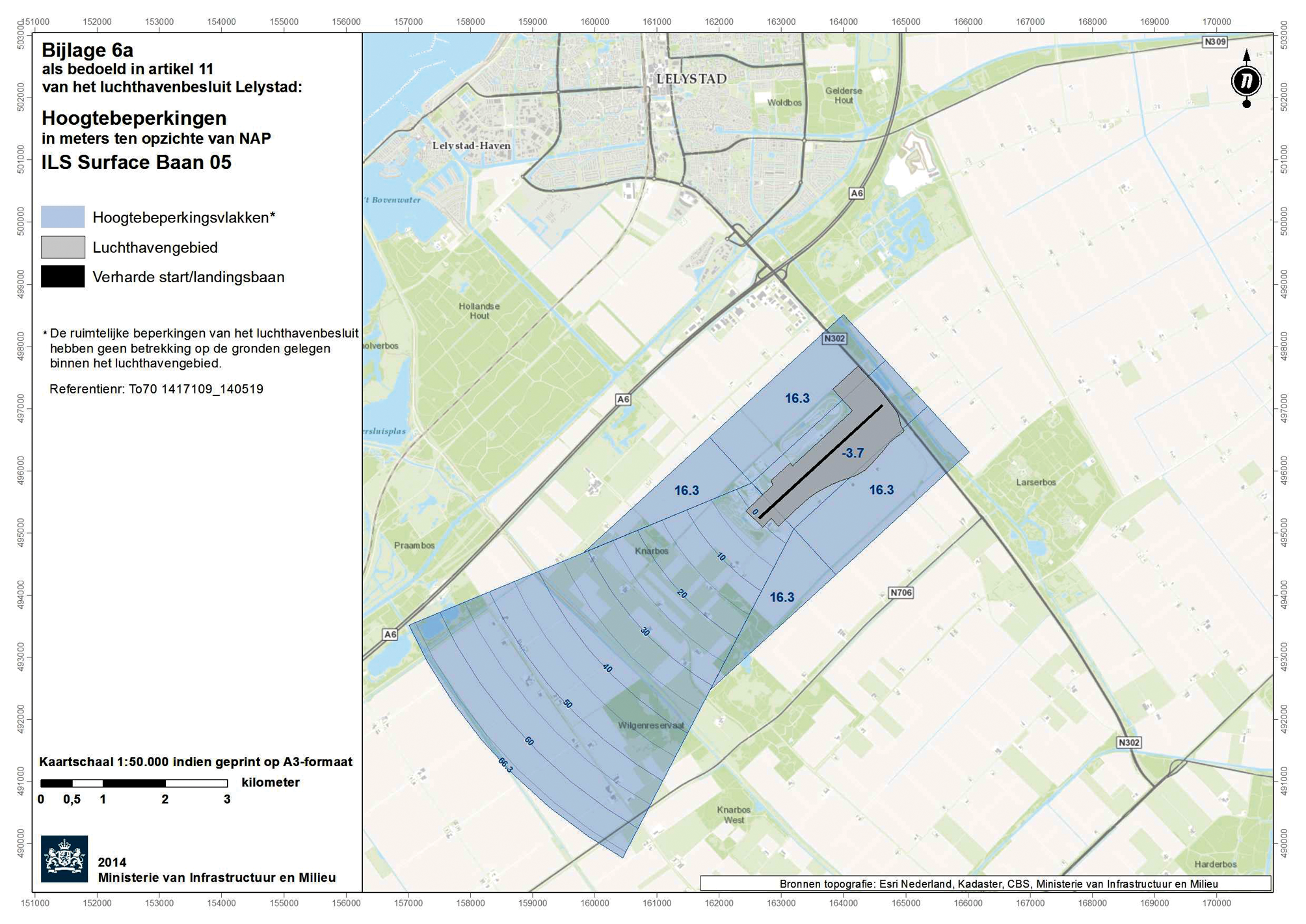 Kaart (1:50.000) met hoogtebeperkingen: ILS Surface baan 05