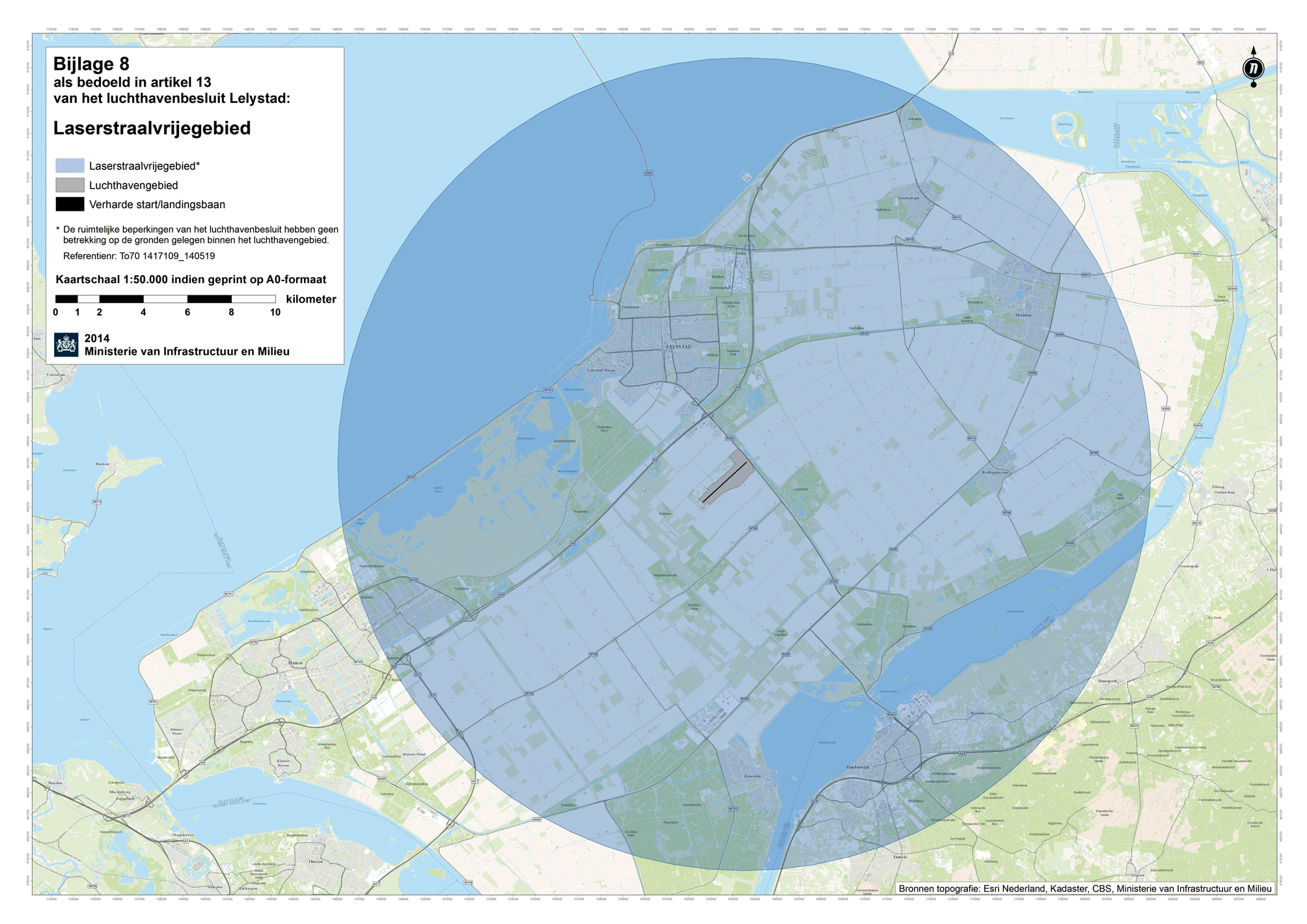 Kaart (1:50.000) met het laserstraalvrije gebied.