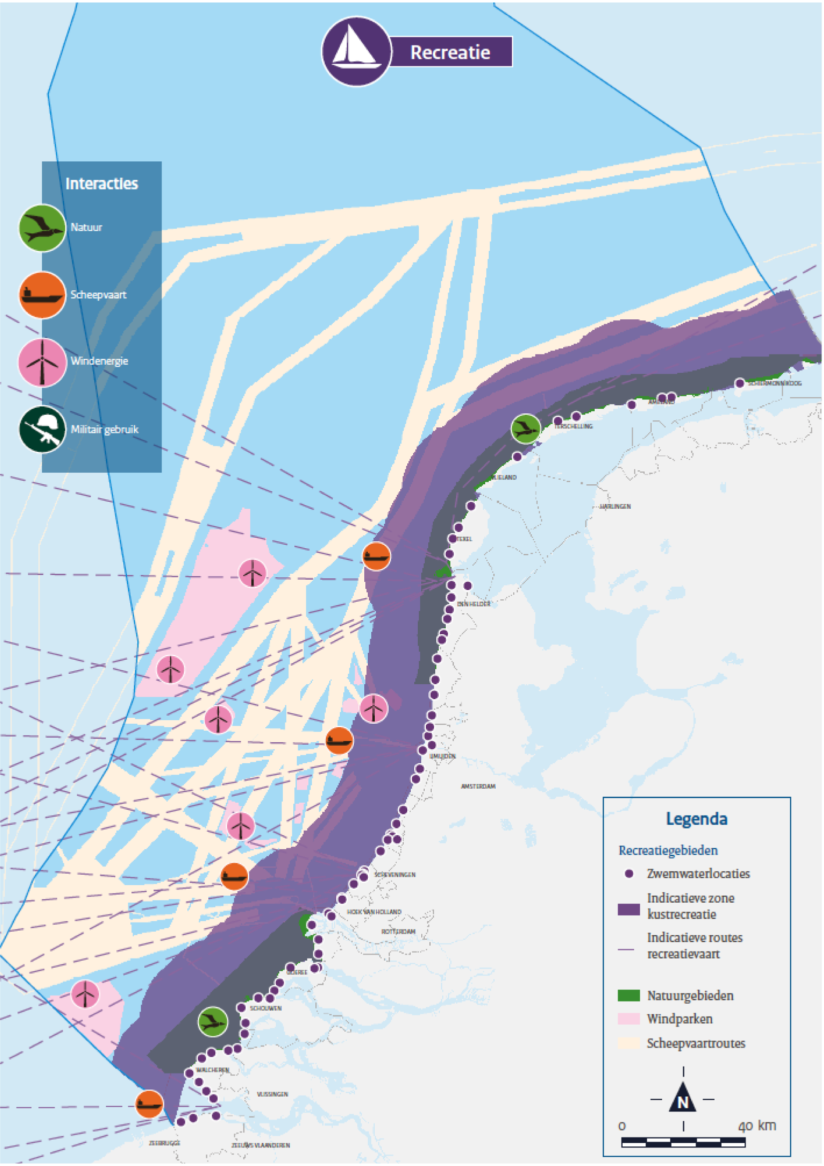 Figuur 16 Zwemwaterlocaties en indicatieve recreatiezones met indicatie interacties