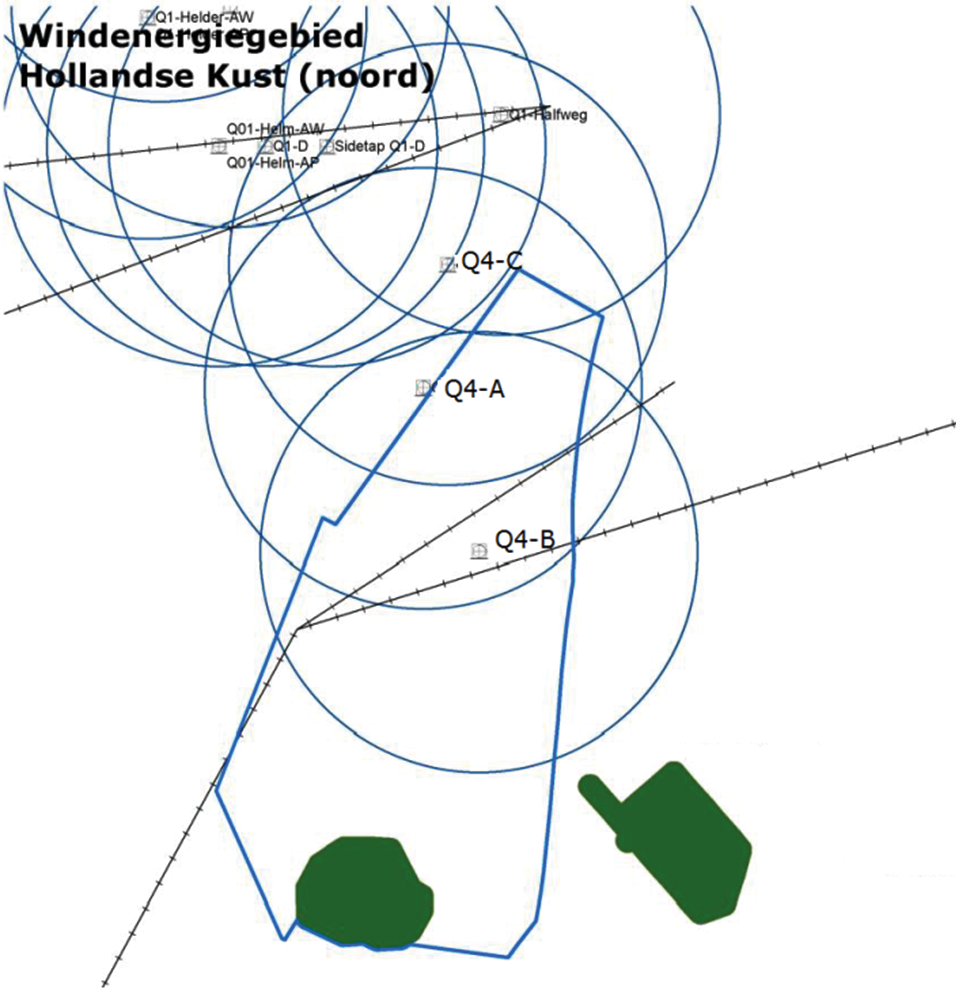 Figuur 6 Ligging van de platforms en de 5 NM Helicopter Traffic Zones rondom windenergiegebied Hollandse Kust (noord)