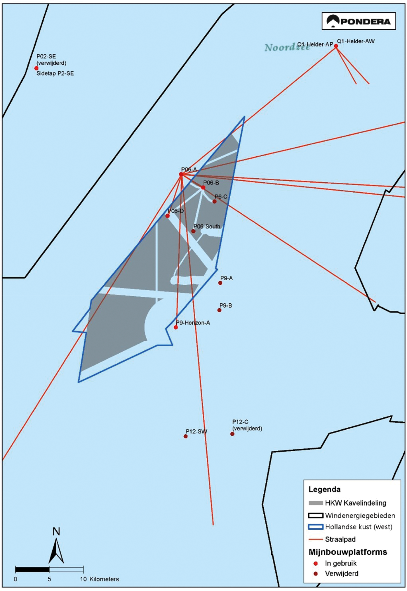 Figuur 7: Straalverbindingen ter plaatse van het windenergiegebied Hollandse Kust (west). Behalve kavel VI zijn in de figuur ook de voorgestelde kavel VII en het verkavelingsalternatief voor kavel VI weergegeven.