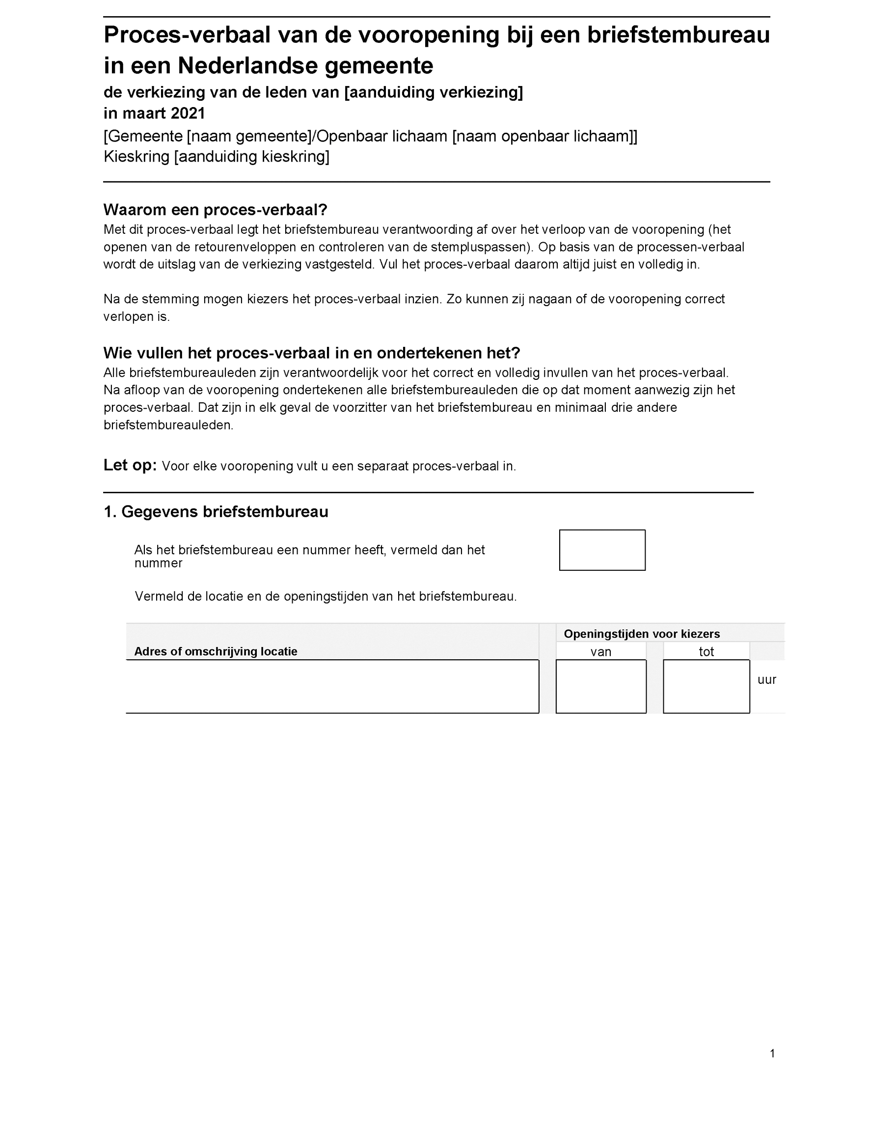 Model E-1: Proces-verbaal van de vooropening bij een briefstembureau in een Nederlandse gemeente