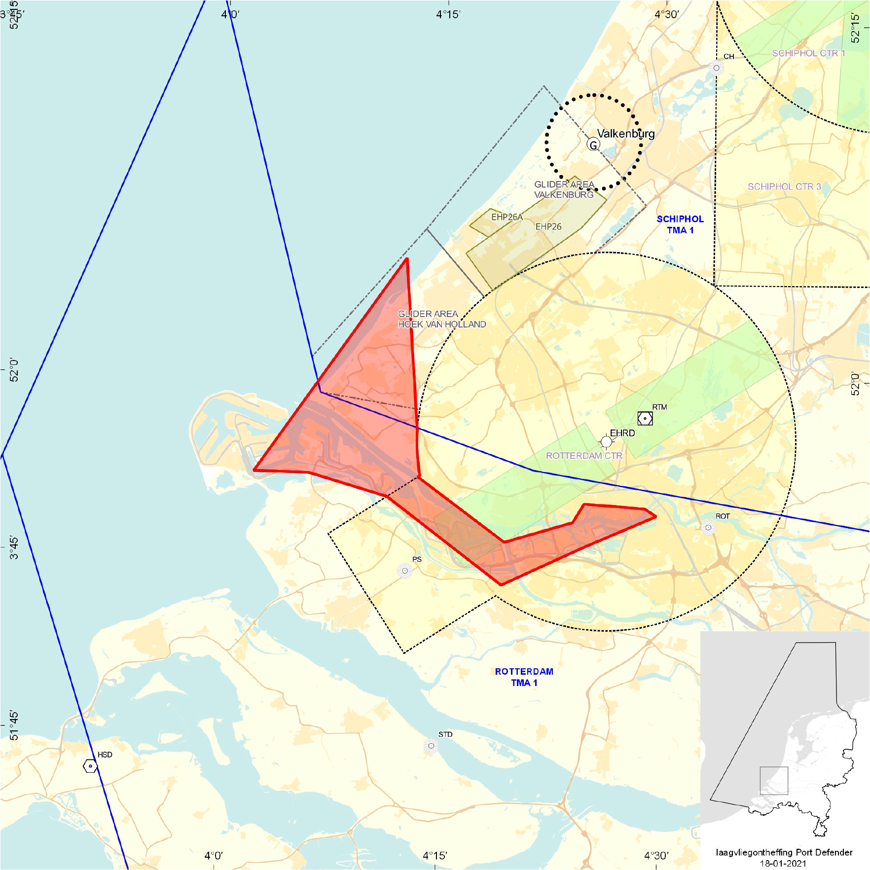 Figuur: Oefengebied (tijdelijk laagvlieggebied) Port Defender