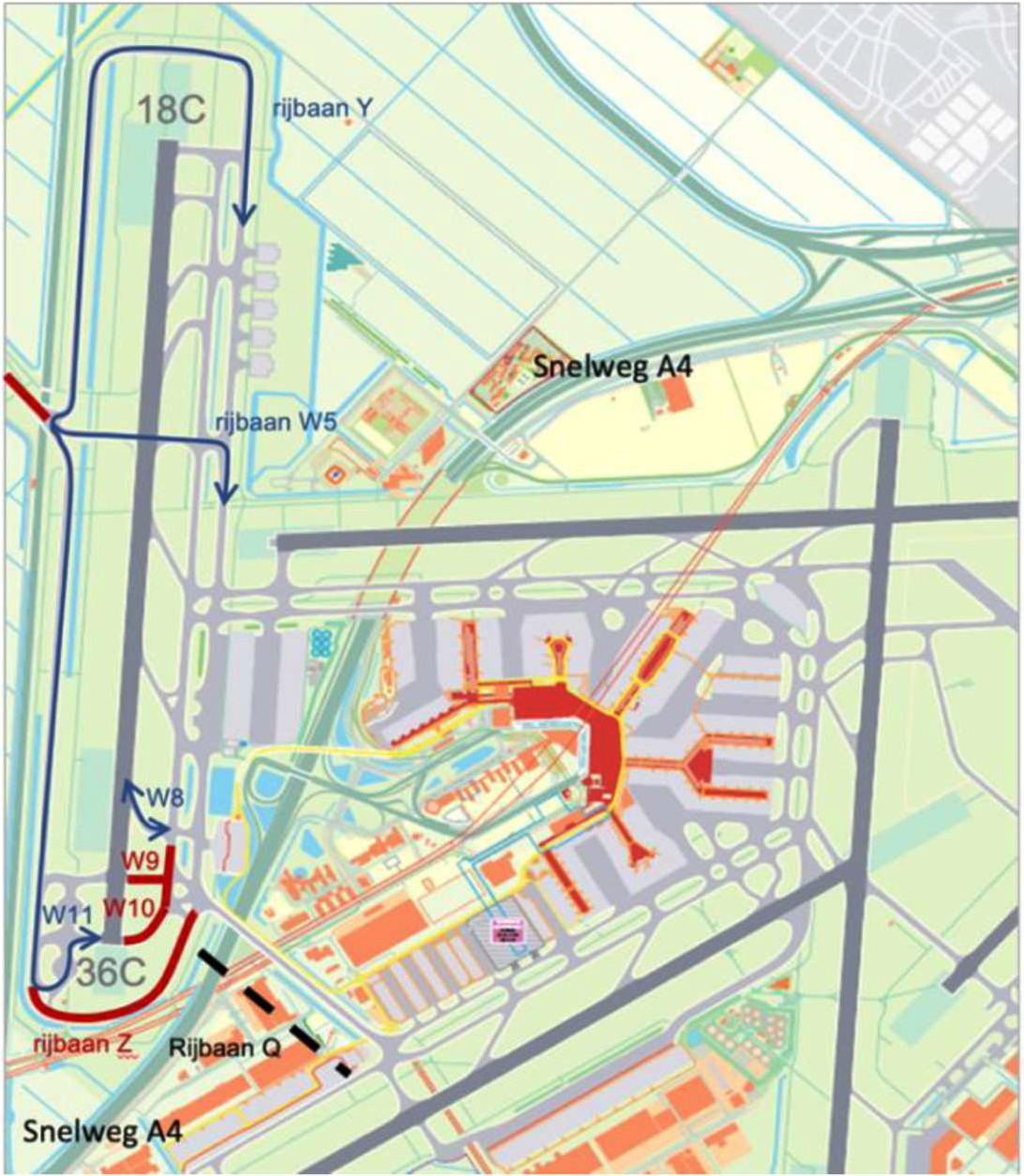 Overzicht van gesloten rijbanen, weergegeven in rood, beschikbare rijbanen, weergegeven in blauw, en de locatie van het tweede viaduct voor nieuwbouw van de rijbaan Q, weergegeven met een zwarte stippellijn.