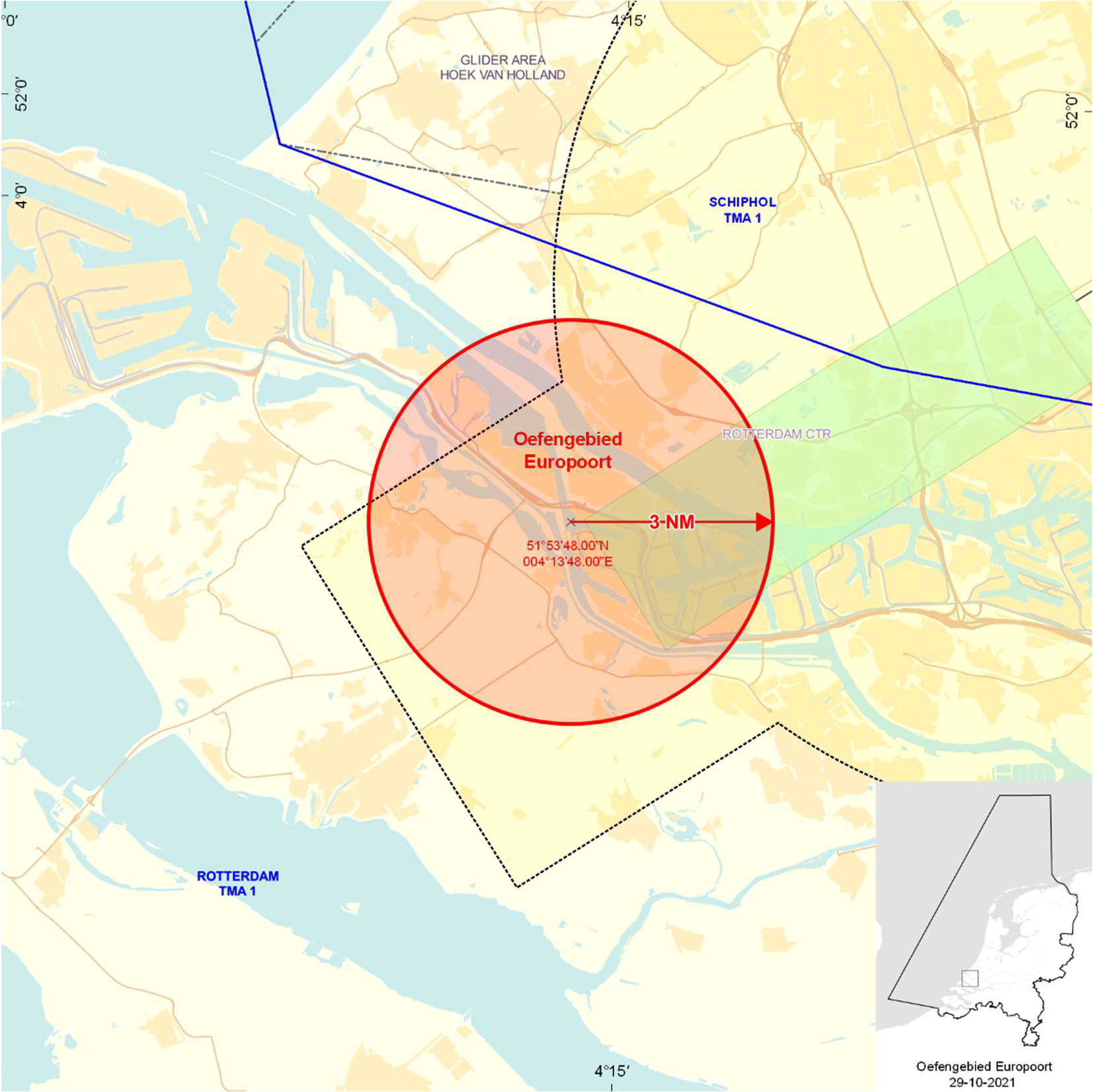 Figuur 1: Oefengebied (tijdelijk laagvlieggebied) Europoort