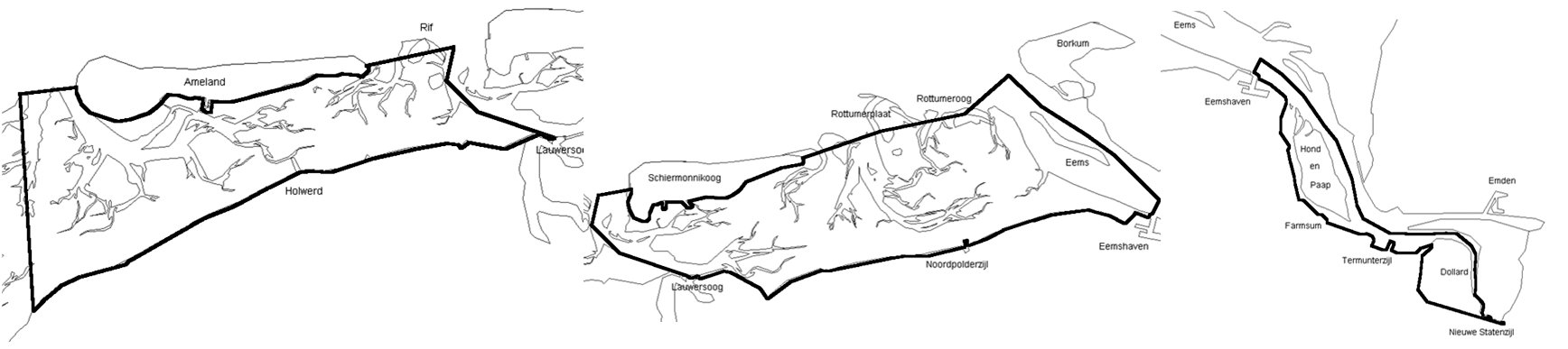 Figuur 3.3 Productiegebieden Oostelijke Waddenzee Friese Wad, Oostelijke Waddenzee Groninger Wad en Oostelijke Waddenzee Eems/Dollard