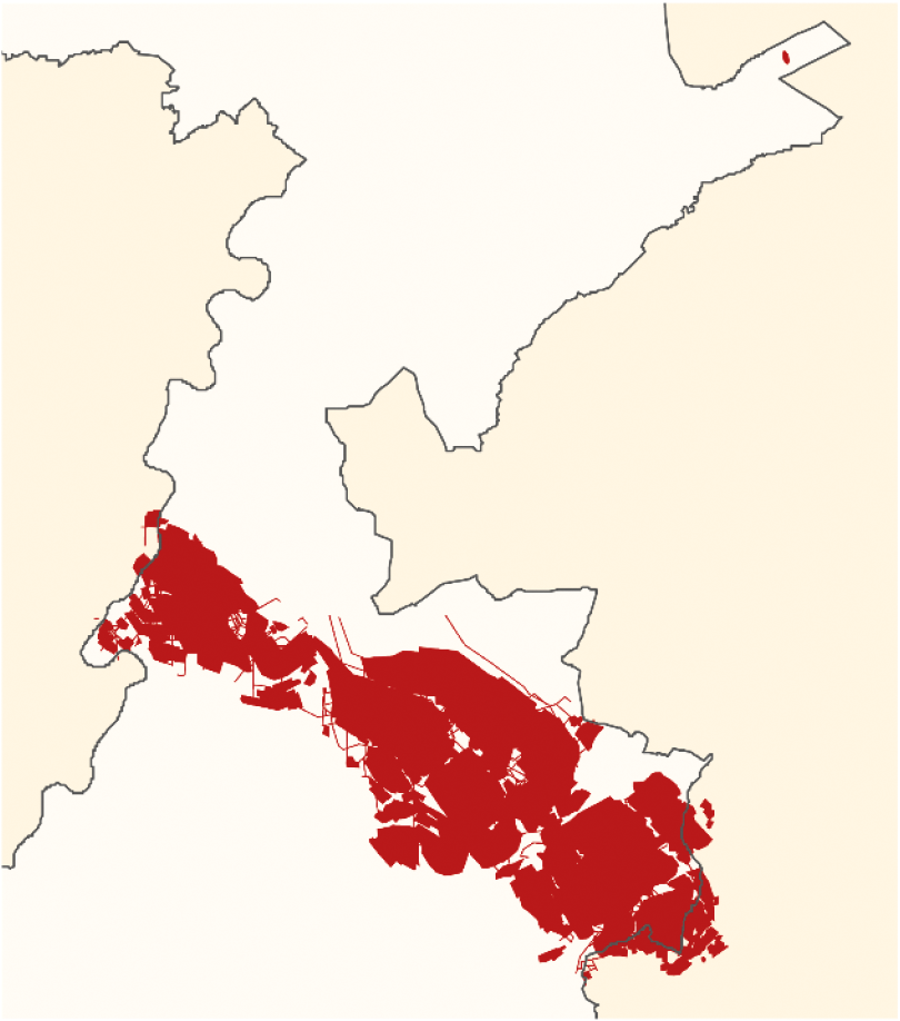 Figuur 22: De ligging van de steenkoolmijnen in het noorden van Zuid-Limburg en nabij Roermond (geschematiseerd).