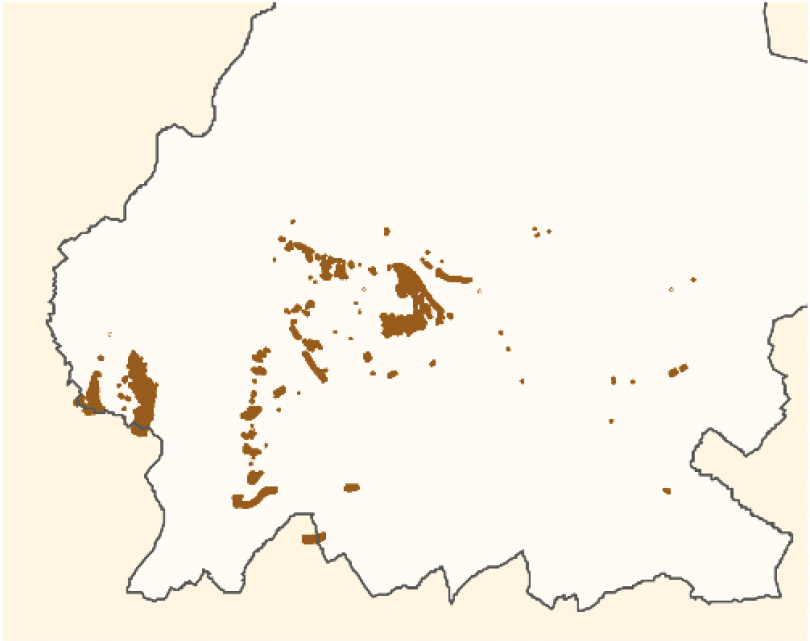 Figuur 23: De ligging van de kalksteengroeves in het zuiden van Zuid-Limburg (geschematiseerd).