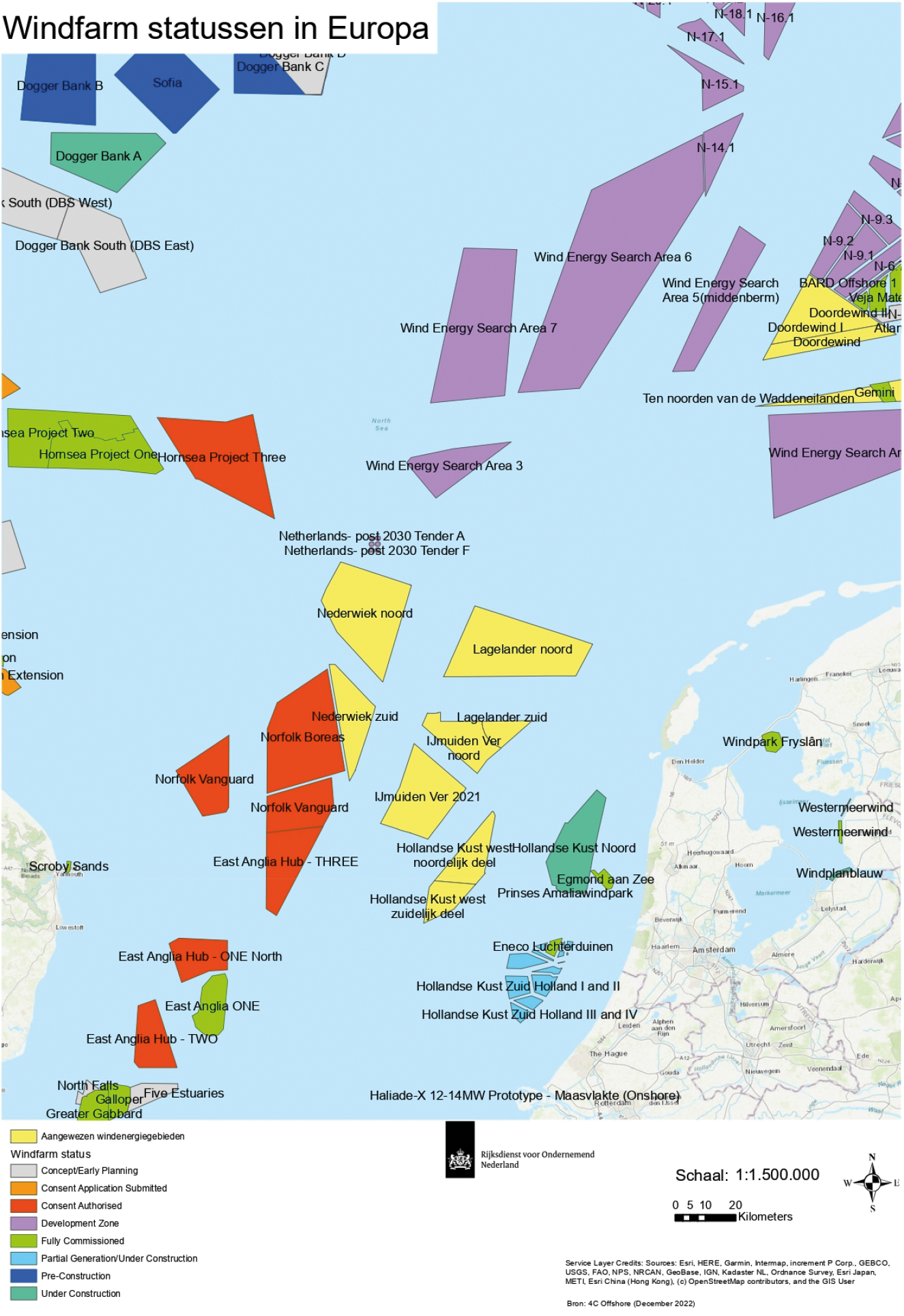 Figuur 5: Ligging van bestaande en geplande windparken rondom windenergiegebied IJmuiden Ver.