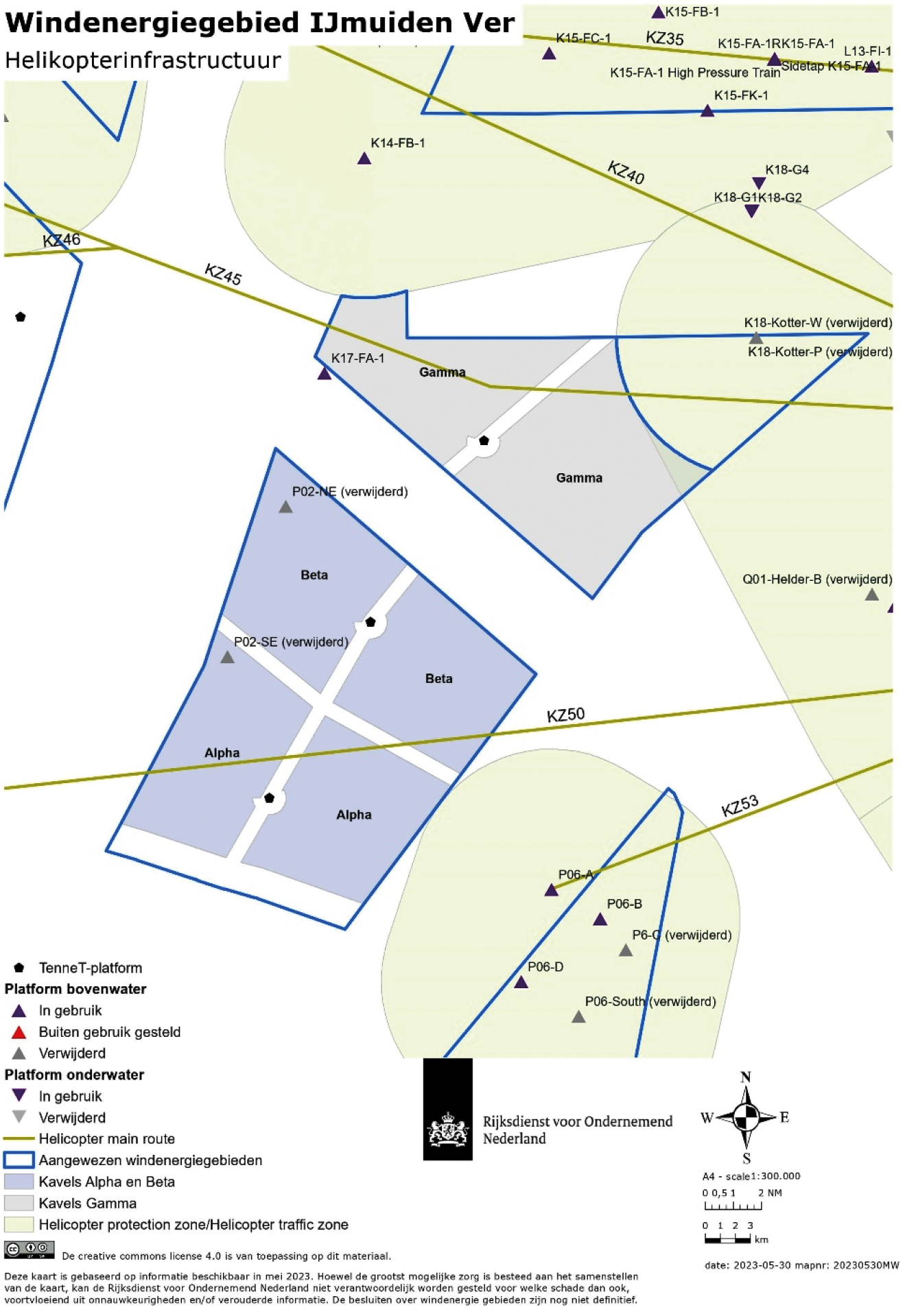 Figuur 6: Ligging van helikopterplatforms, helikopterzones en HMR’s rondom windenergiegebied IJmuiden Ver.