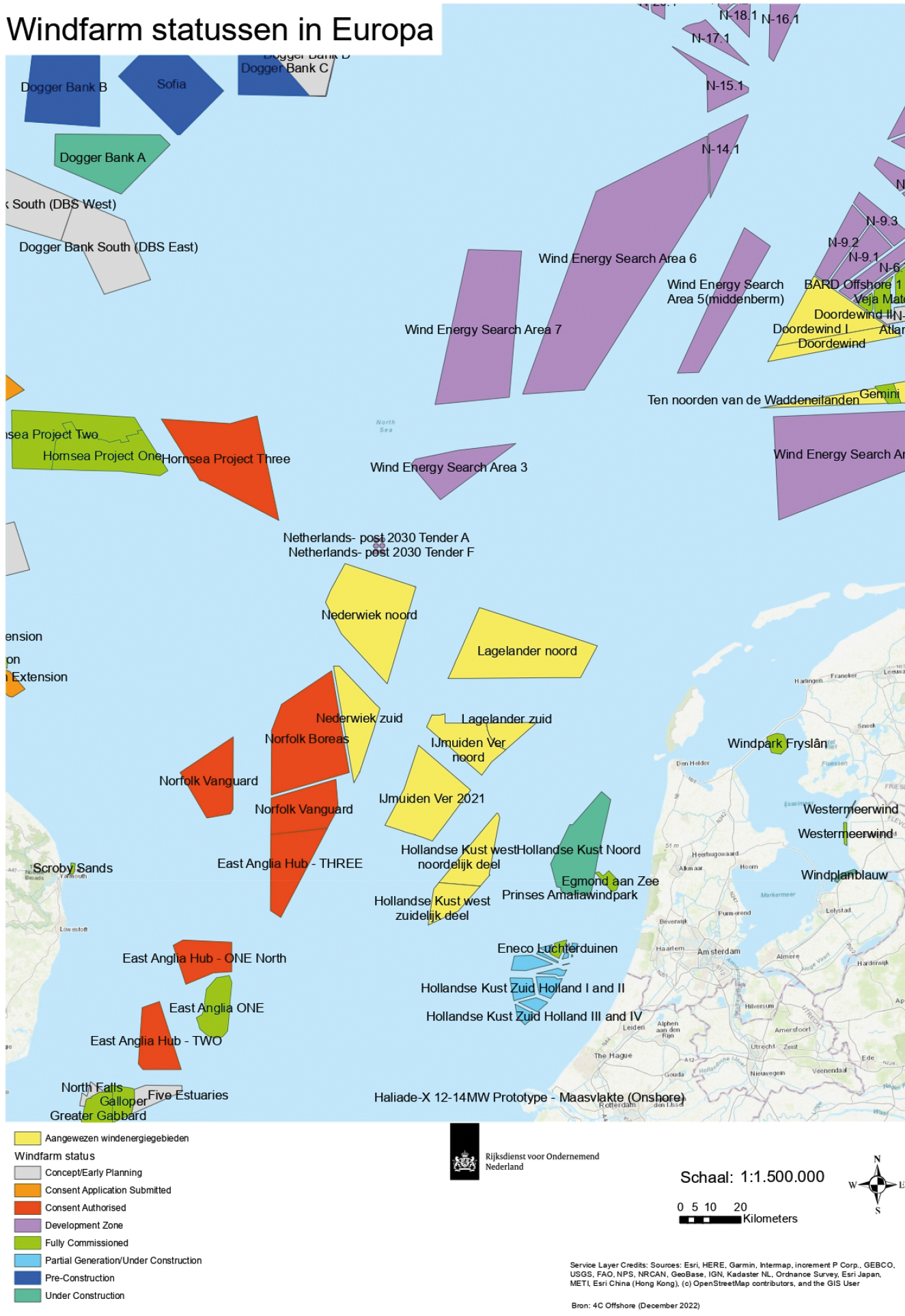 Figuur 5: Ligging van bestaande en geplande windparken rondom windenergiegebied IJmuiden Ver.