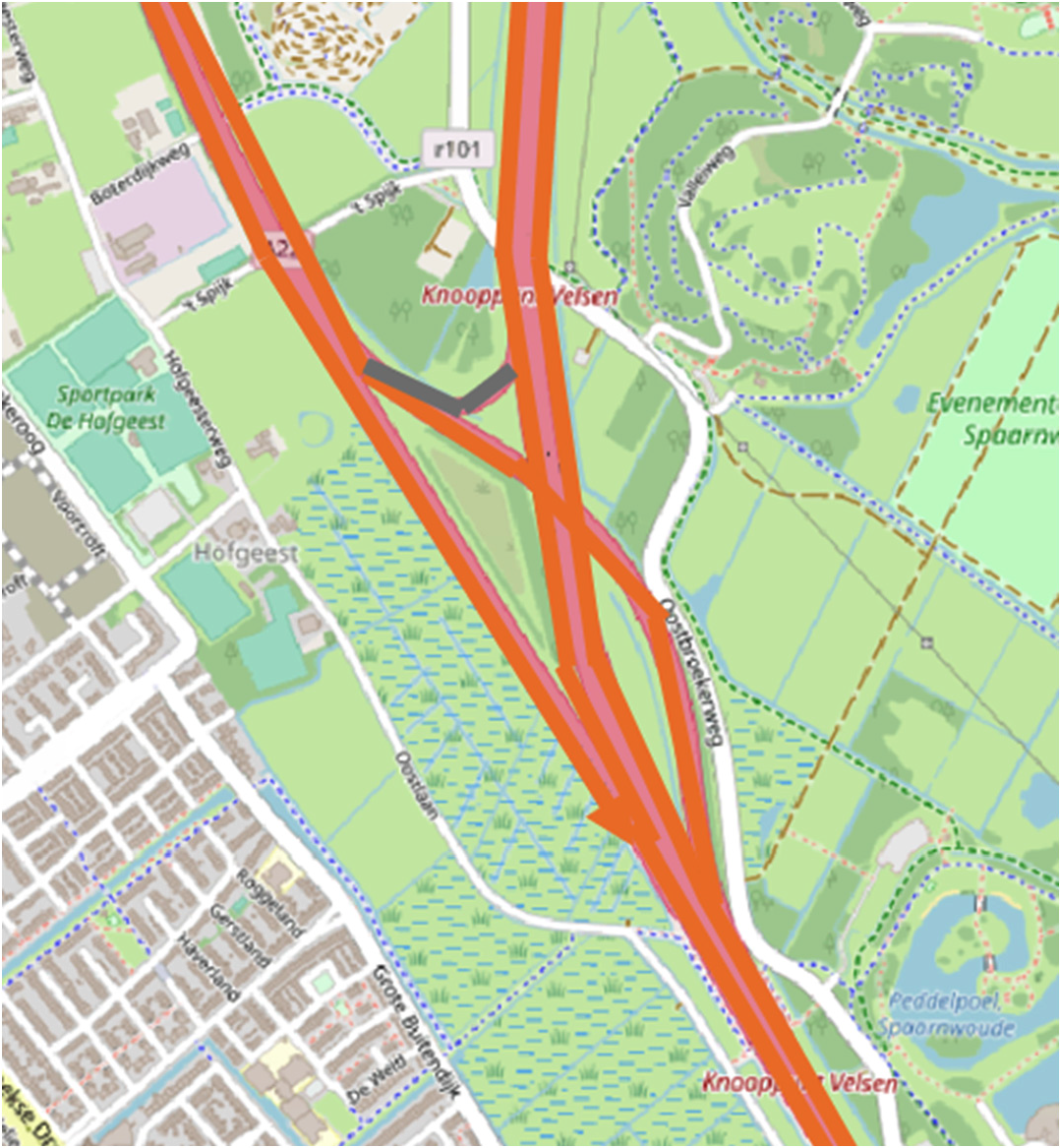 Afbeelding: A22 knooppunt Velsen – knooppunt Beverwijk (oranje is heffingsplichtig; het grijs gearceerde – niet heffingsplichtig – is een calamiteitenboog die voor gewoon verkeer gesloten is).
