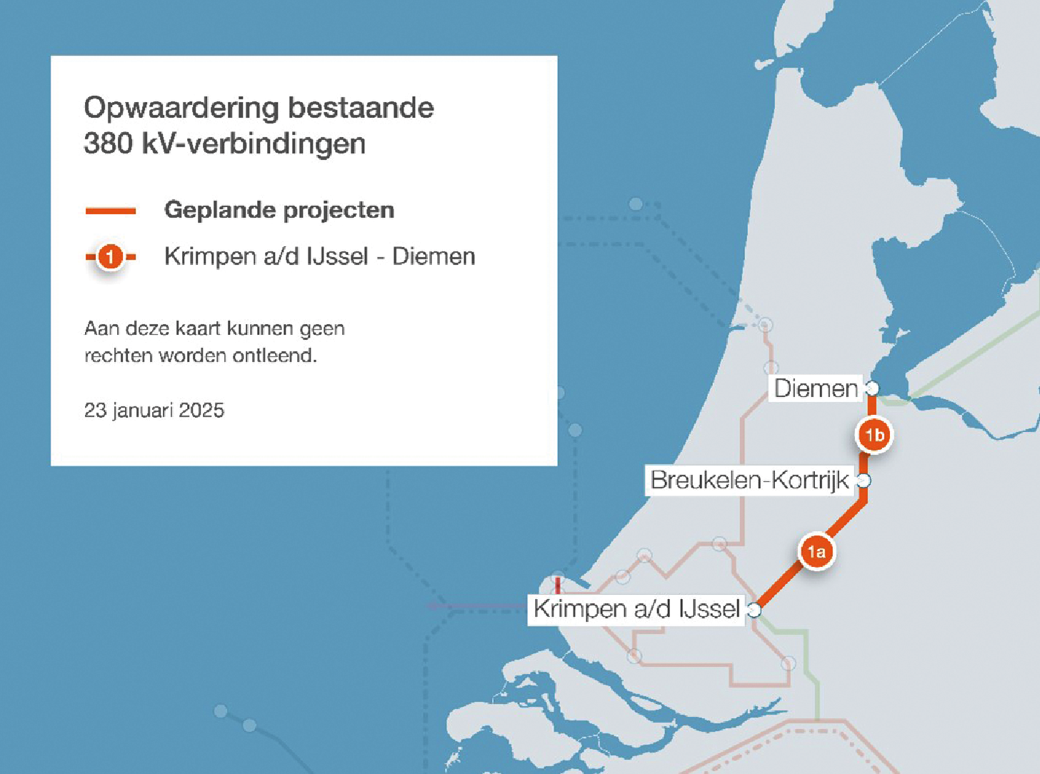 Afbeelding 1: Opwaardering van bestaande 380 kV-verbindingen tussen Krimpen a/d IJssel, Breukelen-Kortrijk en Diemen