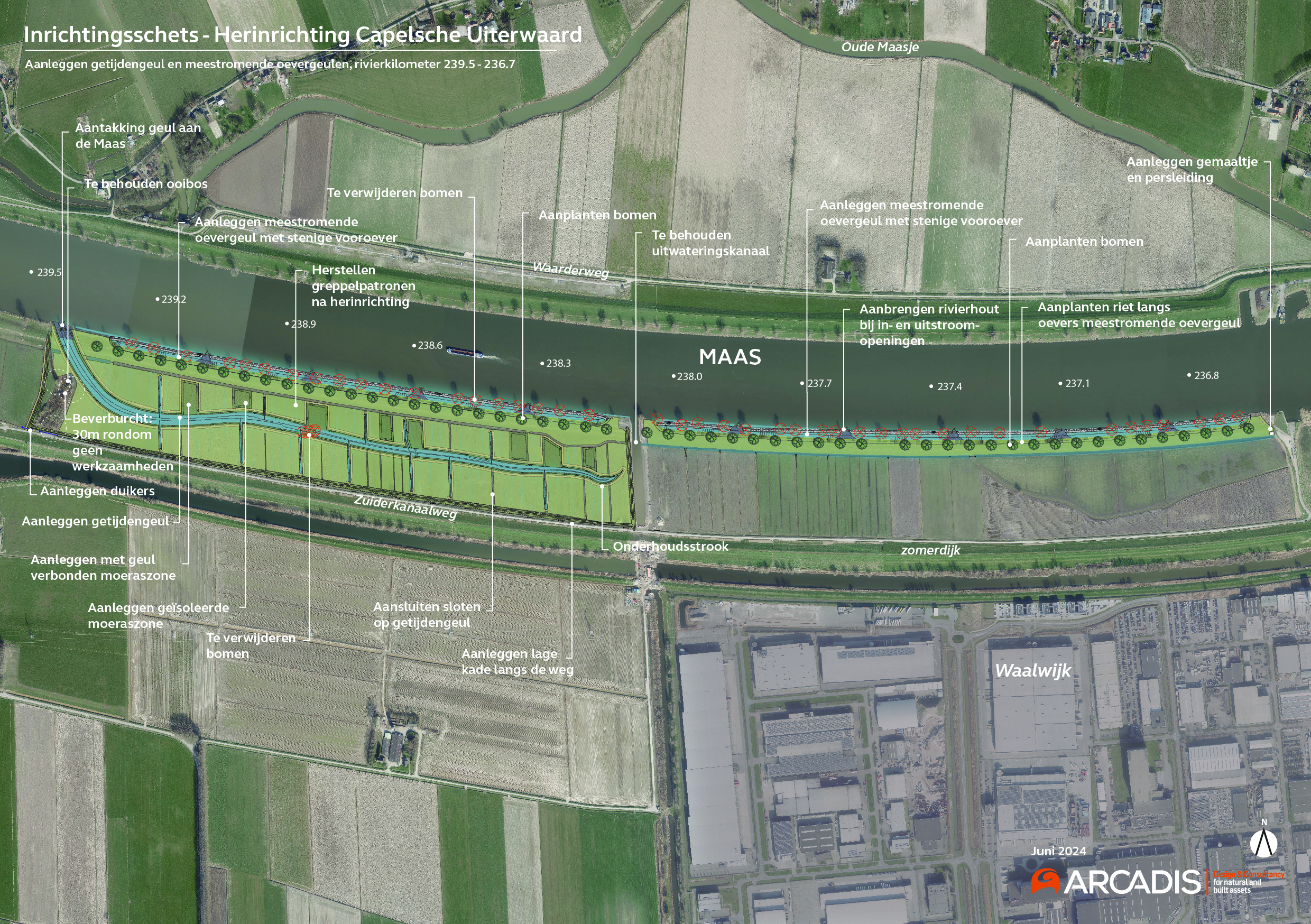 Een gedetailleerde kaart met satellietfoto en het projectgebied van de maatregel Capelsche Uiterwaard, waarop ook alle uit te voeren werkzaamheden zijn omschreven 