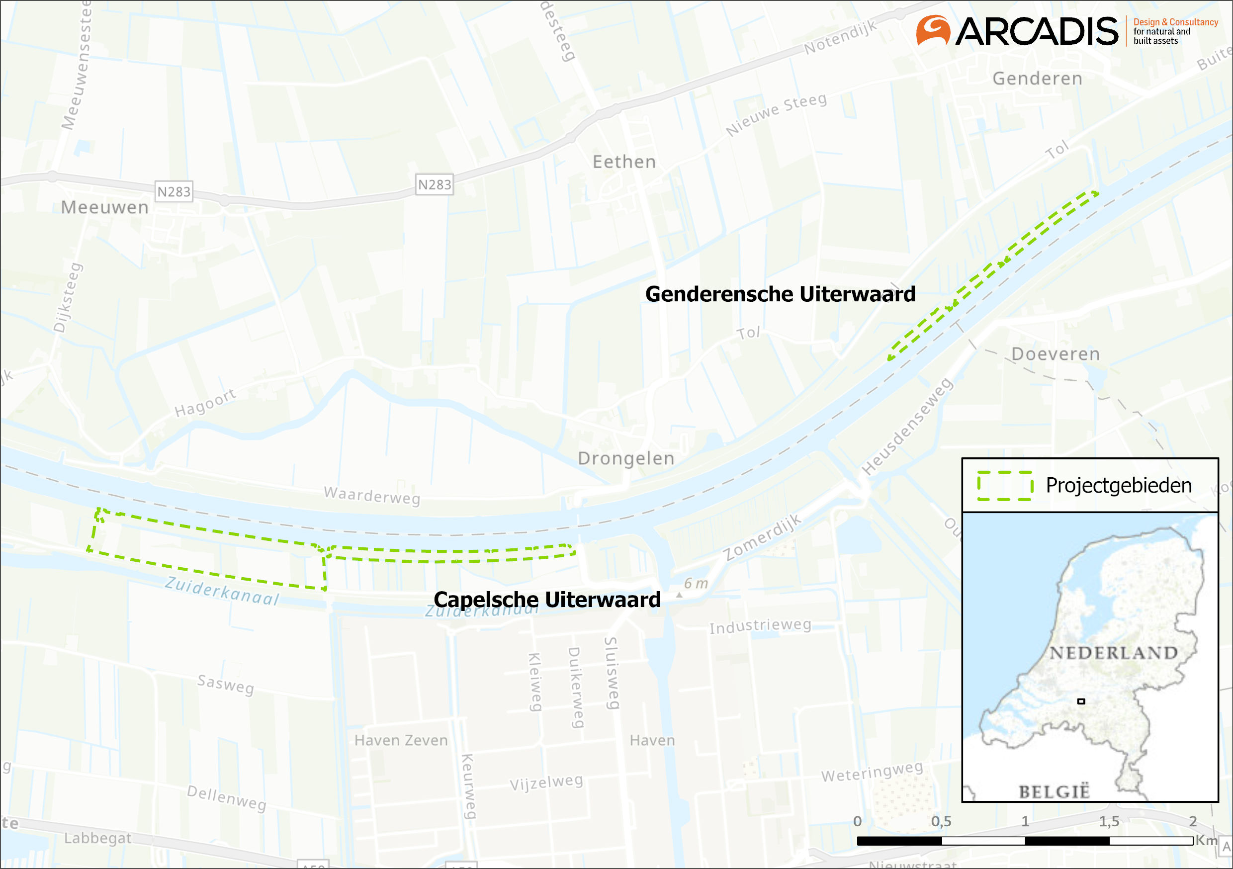 Een kaart met een overzicht van de ligging van de twee maatregelen binnen dit projectbesluit. Links op de kaart is het projectgebied voor de maatregel Capelsche Uiterwaard weergegeven, rechts op de kaart staat het projectgebied voor de maatregel Genderensche Uiterwaard. 