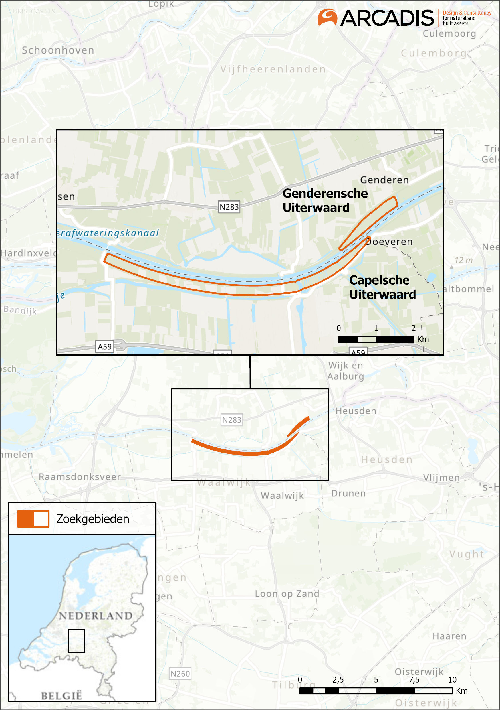 Een kaart met een overzicht van de zoekgebieden voor de maatregelen Genderensche Uiterwaard en Capelsche Uiterwaard. 