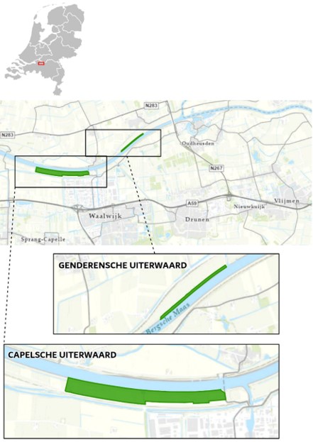 Een kaart met een overzicht van de projectgebieden voor de twee maatregelen zoals deze zijn gepubliceerd in de kennisgeving voornemen en participatie. 