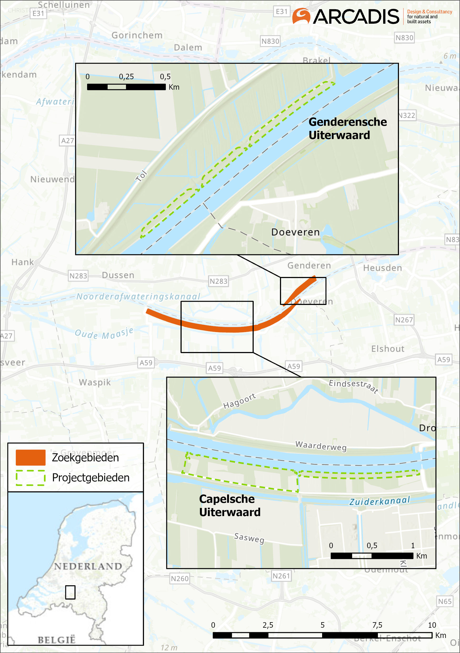 Een kaart met de weergave van de projectgebieden voor de twee maatregelen binnen dit projectbesluit, Genderensche Uiterwaard en Capelsche Uiterwaard. 