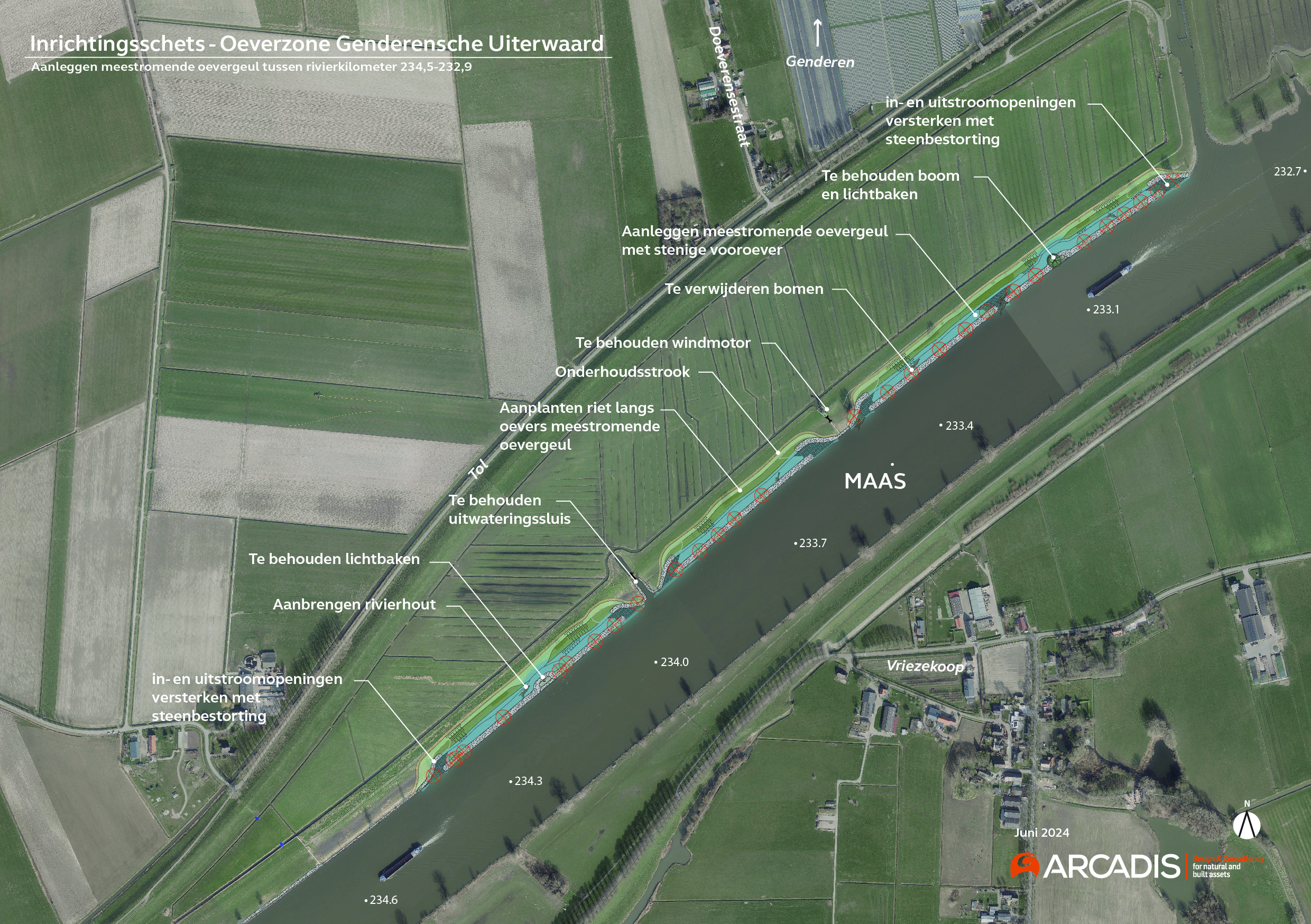 Een gedetailleerde kaart met satellietfoto en het projectgebied van de maatregel Genderensche Uiterwaard, waarop ook alle uit te voeren werkzaamheden zijn omschreven. 