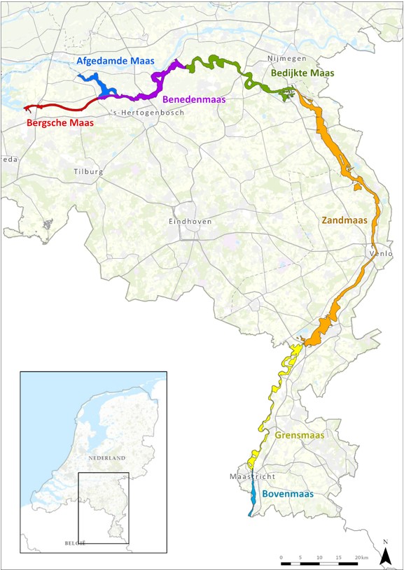 Een kaart met een overzicht van de ligging en loop van de Maas, waarop de verschillende secties van de Maas (Van zuid naar noord: Bovenmaas, Grensmaas, Zandmaas, Bedijkte Maas, Benedenmaas, Afgedamde Mas, Bergsche Maas). 